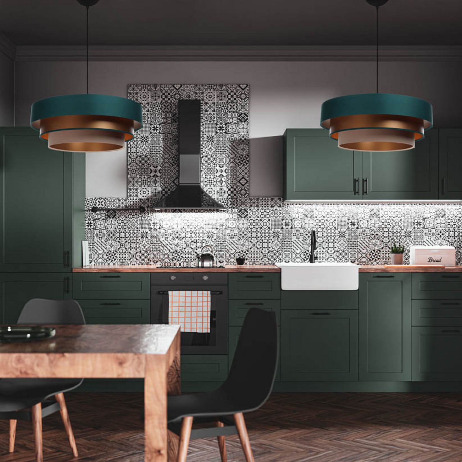 Maco Design Lampă suspendată Triniti verde/bej/coper Ø 60 cm textil - Camera de zi / sufragerie - verde bej cupru - Țesătură / Textil