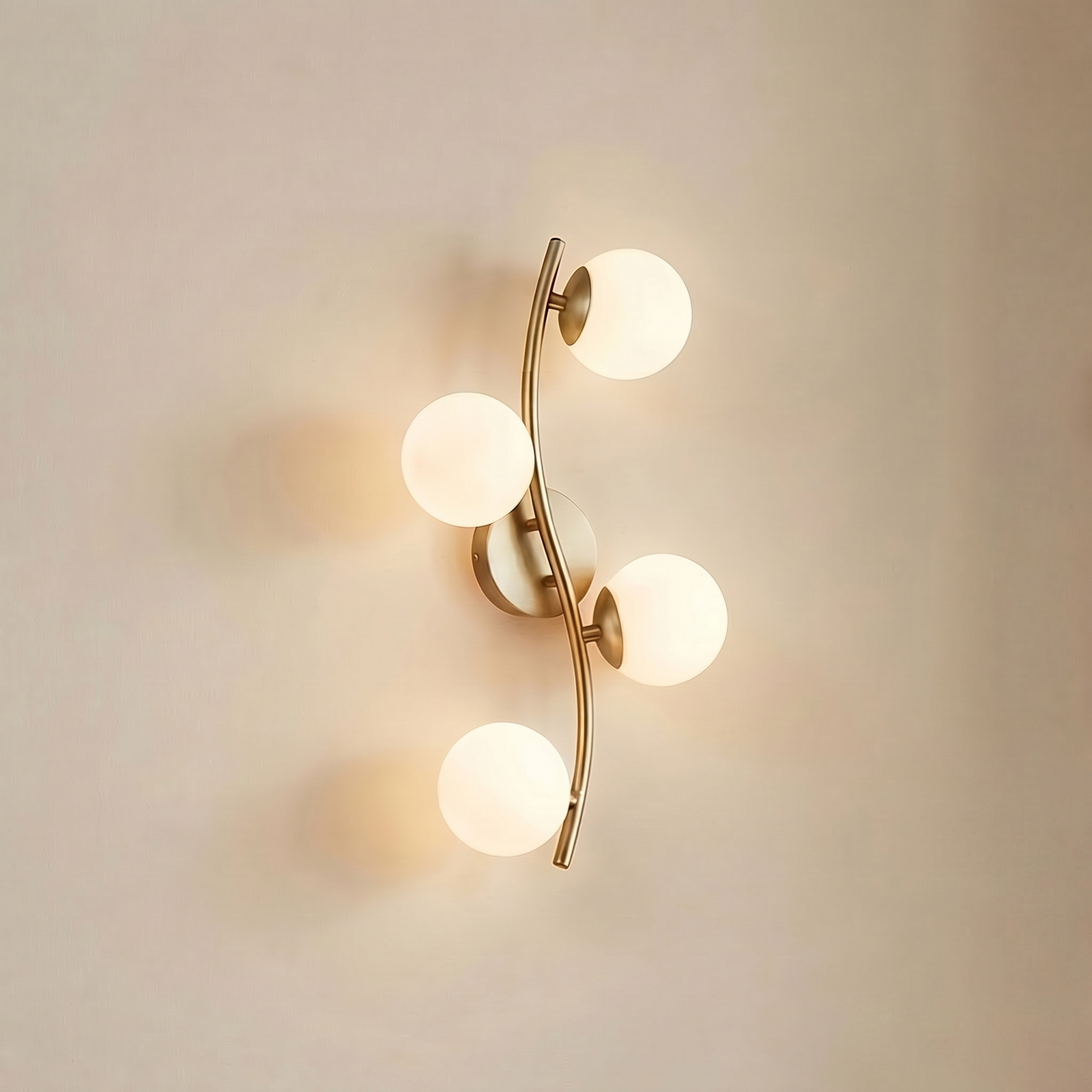 Lindby Josiana wall light, opal/brass, 48 cm, sphere, glass