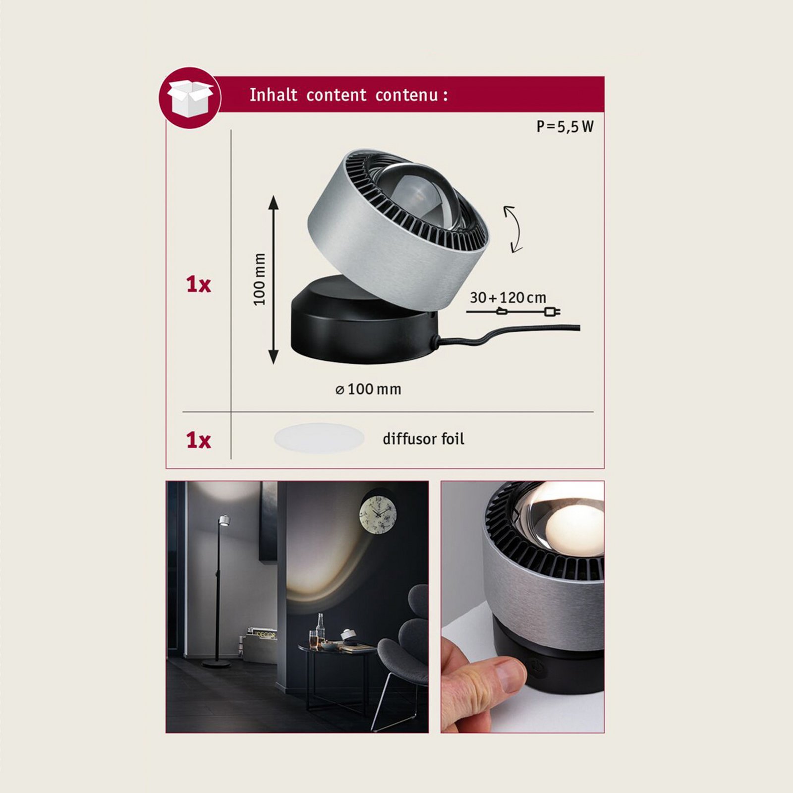 lampe à poser Aldan à intensité variable Noir/aluminium brossé - Paulmann