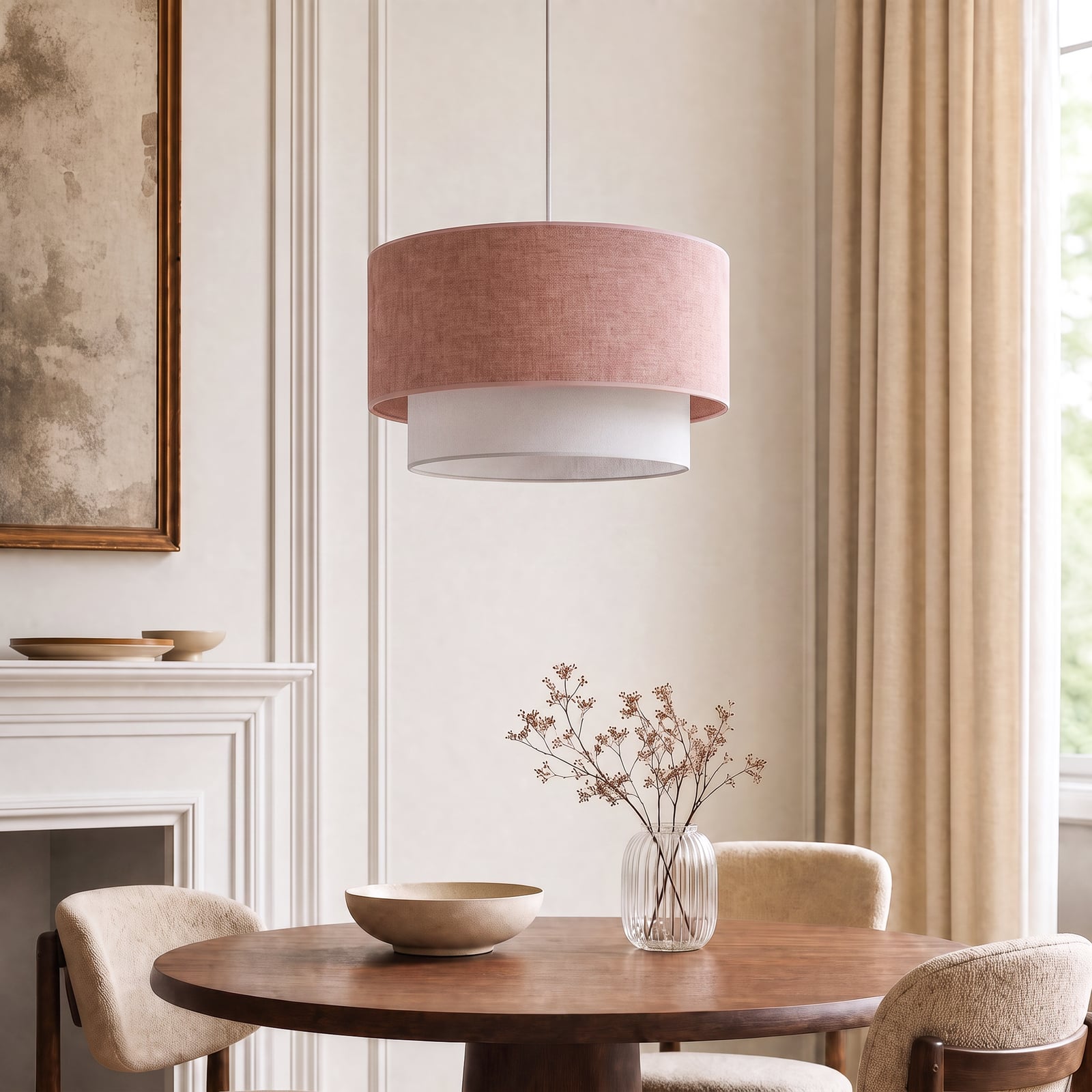 Lampa wisząca Boho, beżowo-różowa, Ø 45 cm, tkanina, E27