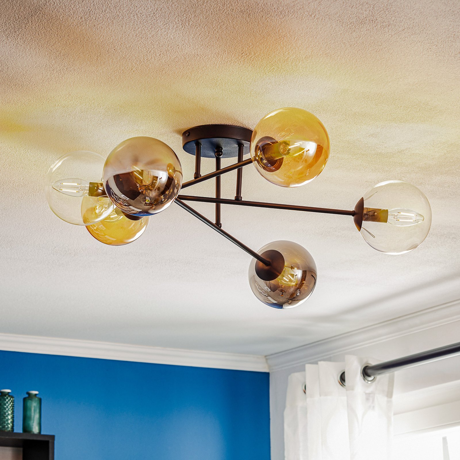 Glassy 6-bulb ceiling light, straight, graphite/amber/clear