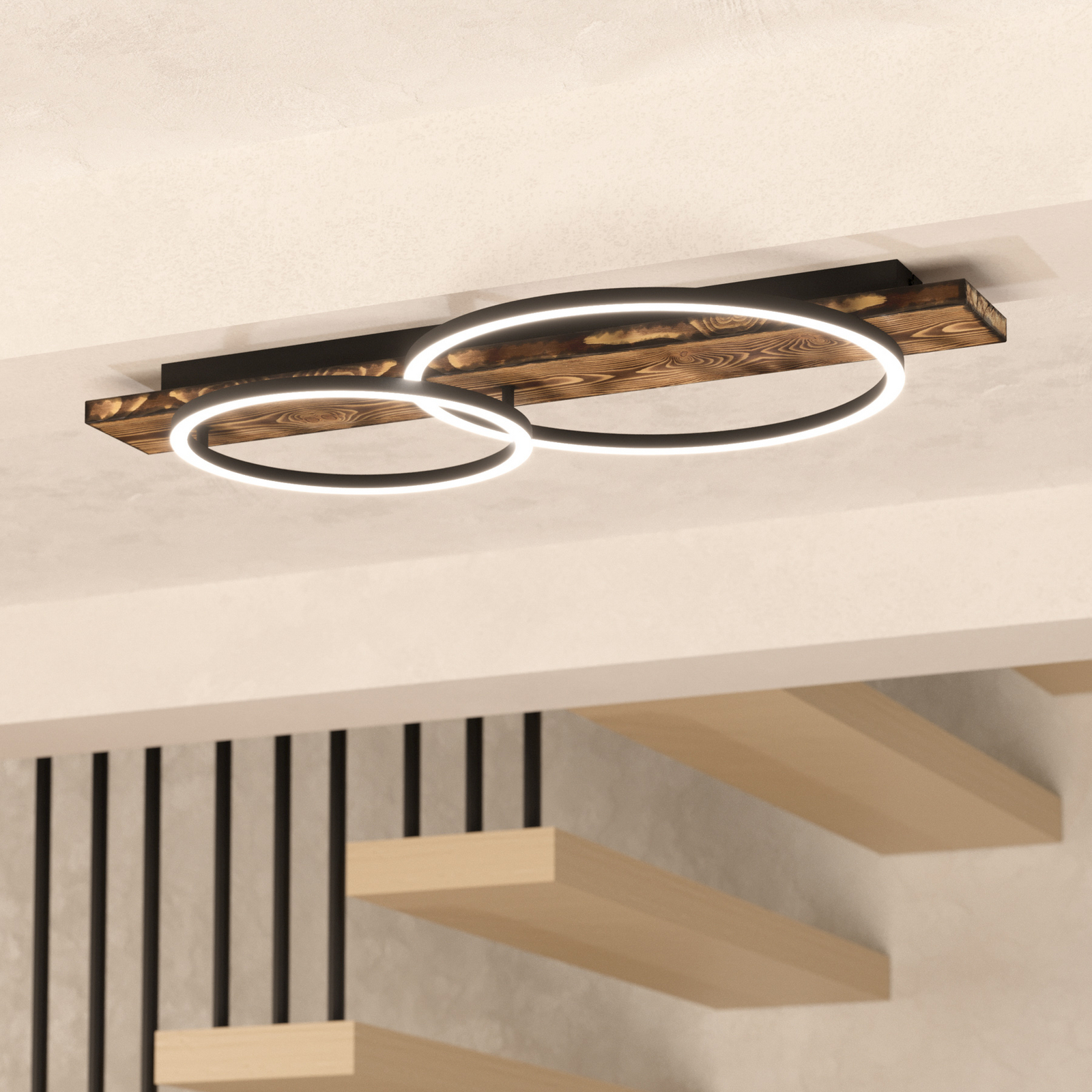 LED stropní svítidlo Boyal, hnědé, délka 78 cm, dřevo, 2 světla.