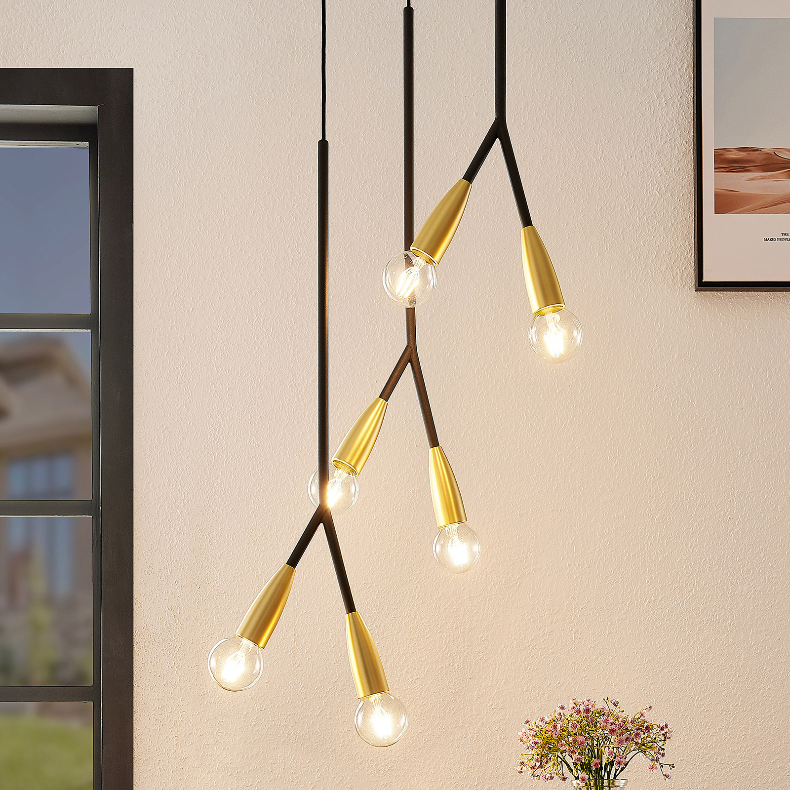 Carlea Hängelampe, 6-fl., schwarz-messing