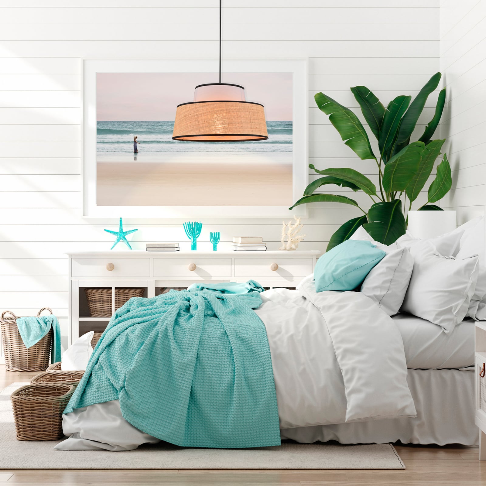 Żyrandol Mallorca, biała/w kolorze naturalnym, Ø 38 cm, tkanina/liana