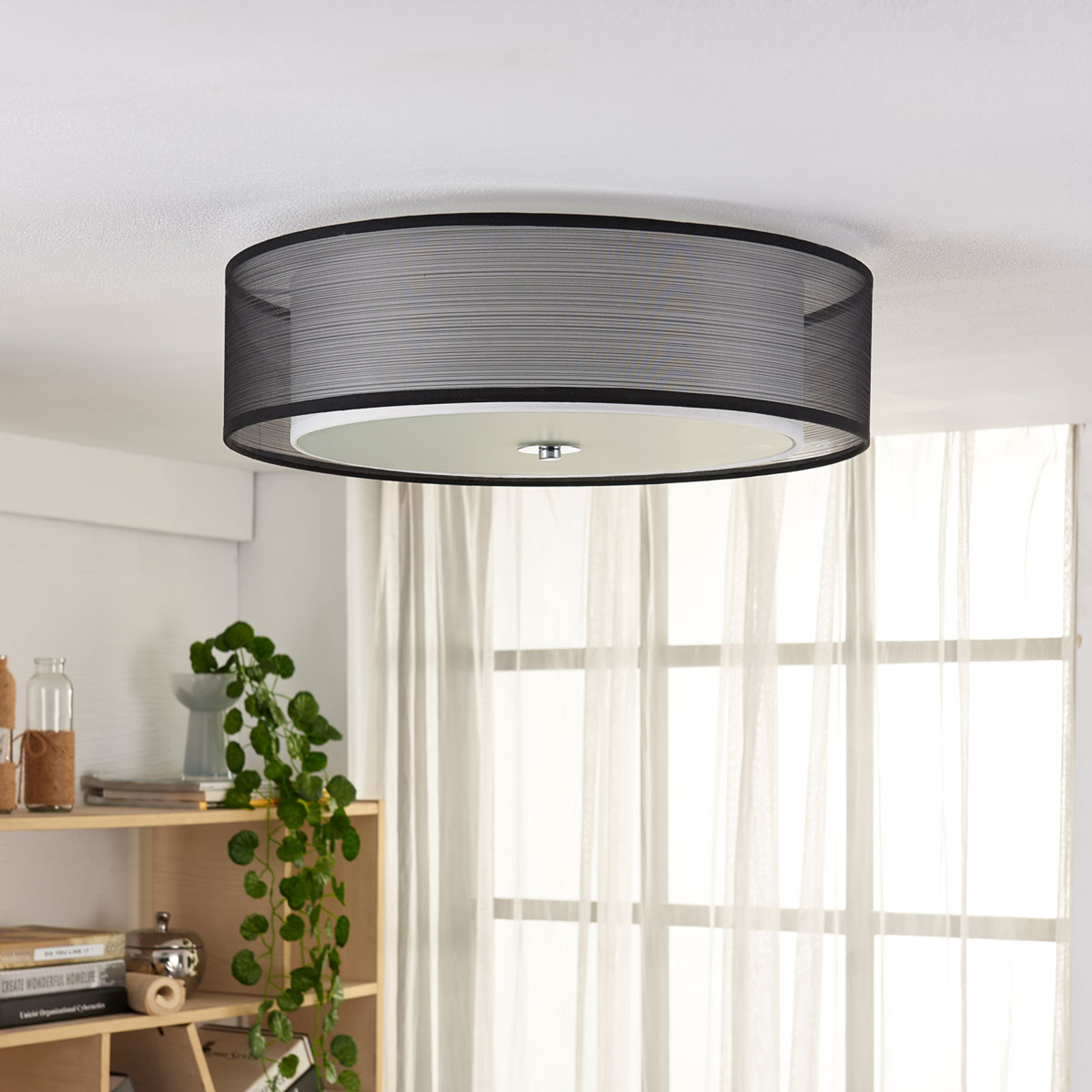 Lindby Easydim LED ceiling light Tobia, organza lampshade, for Living / Dining Room, fabric, metal, glass, E27, 10 W, energy efficiency: A+, H: 14.5 cm