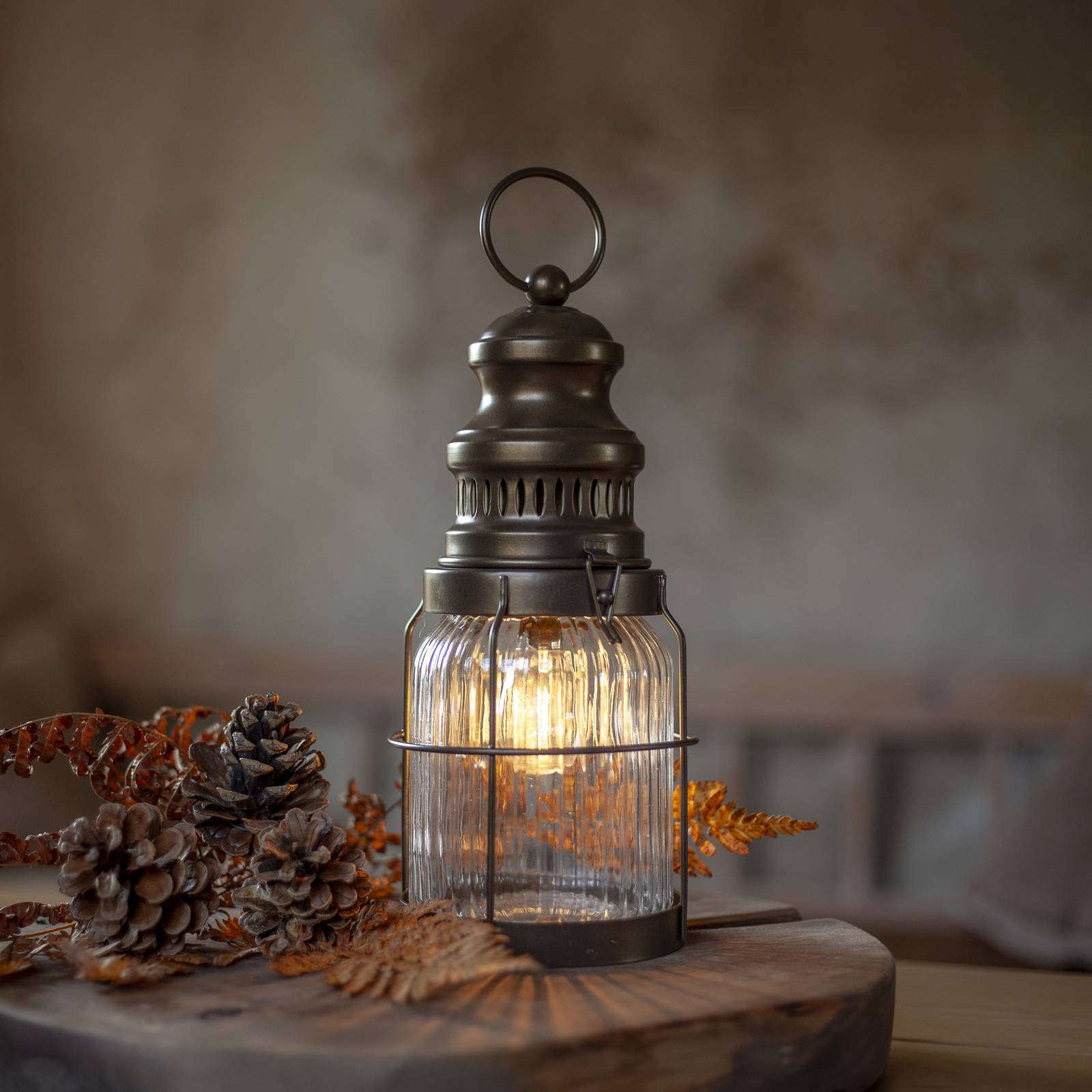 Latarnia LED Aina, kolor brązowy, wysokość 28 cm, metal/szkło