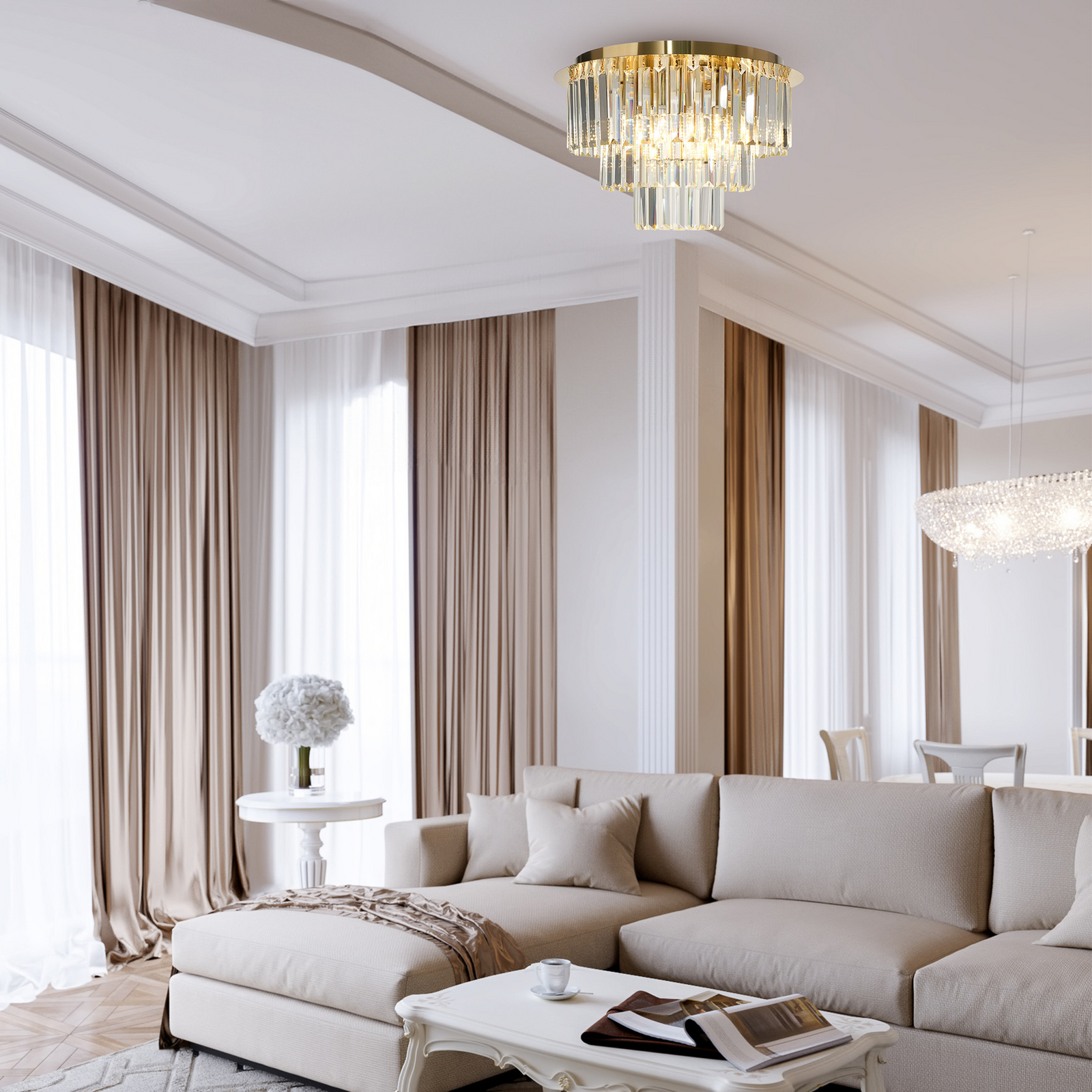 Milano ceiling light, Ø 45 cm, gold/crystal, glass, 6 x E14