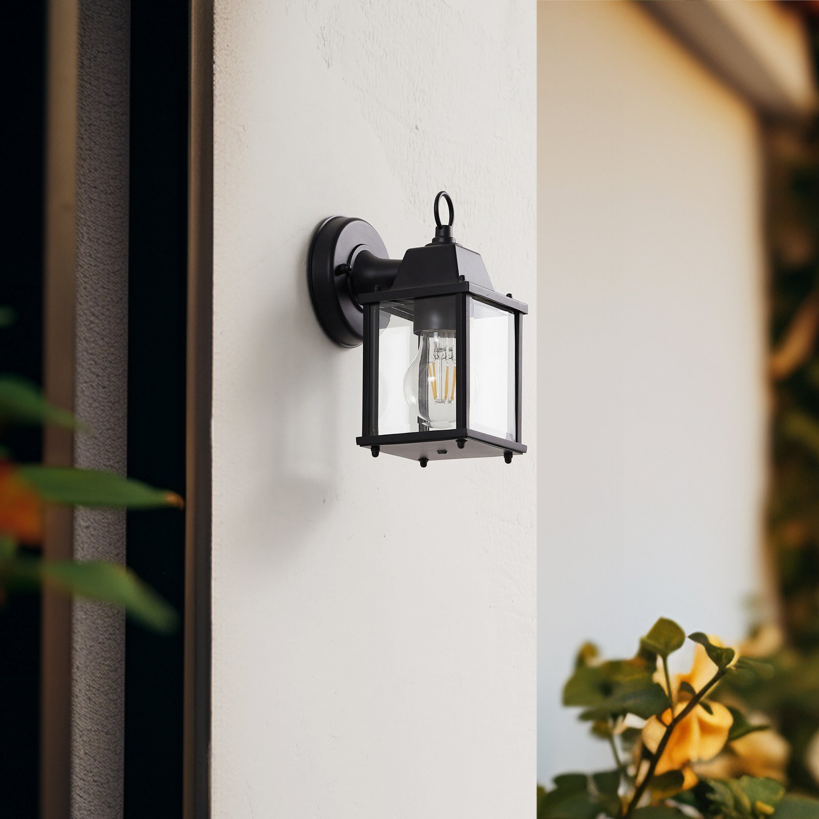 Lindby outdoor wall light Rurik, black, glass, aluminium, E27