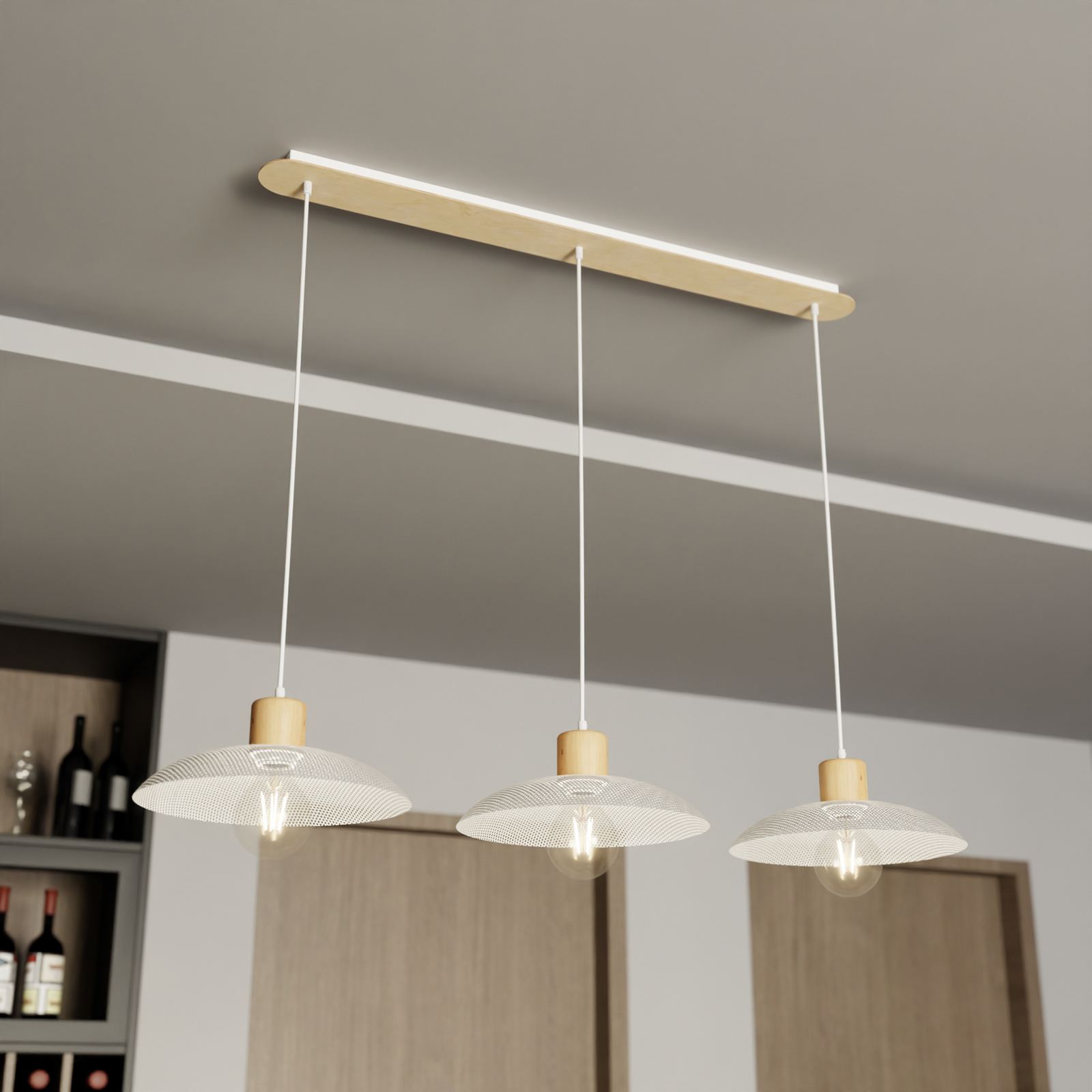 Hängeleuchte Kobe, dreiflammig, Stahl, Holz, weiß