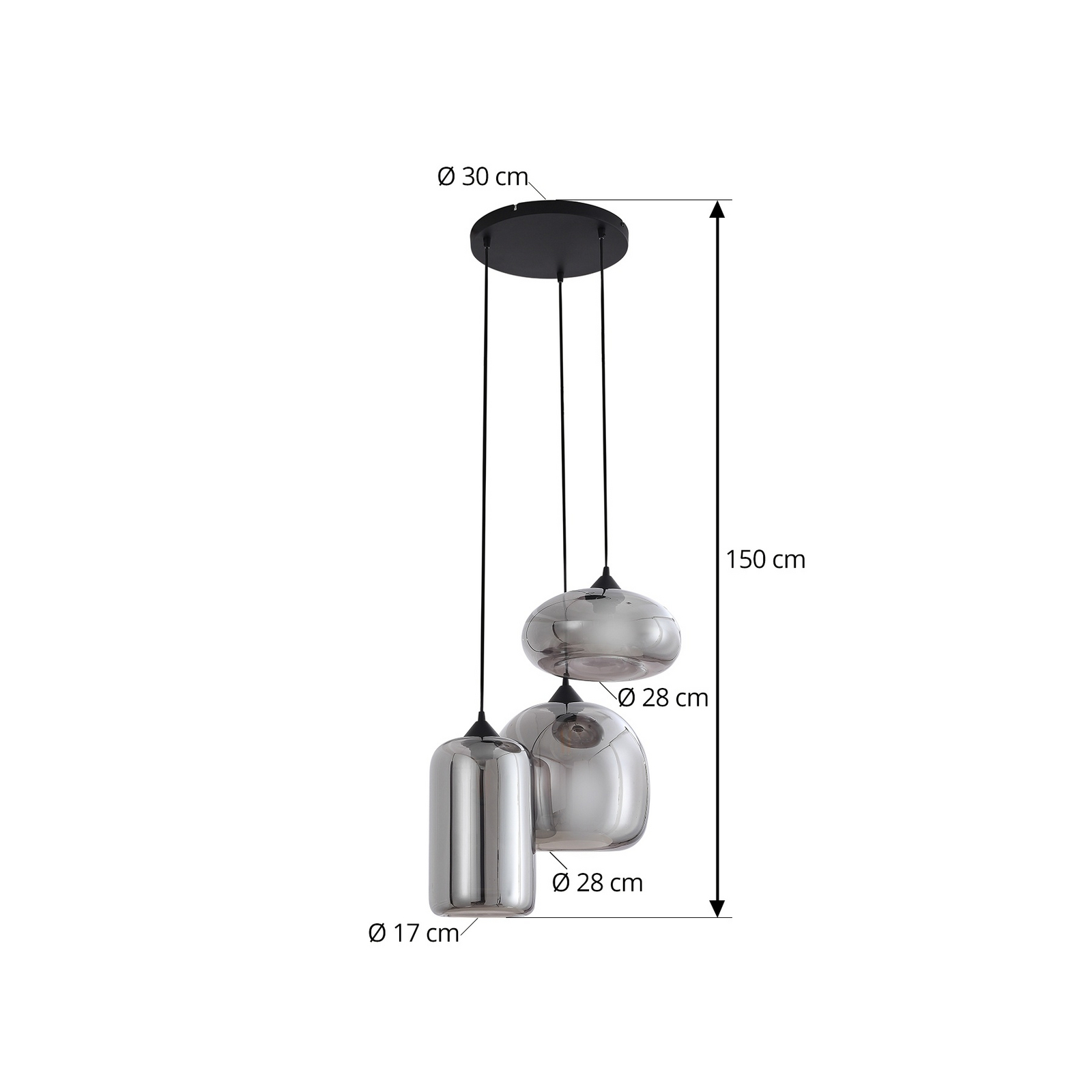 Lindby Lampada A Sospensione Moderna 3 Luci In Metallo Grigio E Vetro Fumé, Dimmerabile, Per Soggiorno E Sala Da Pranzo, Attacco E27