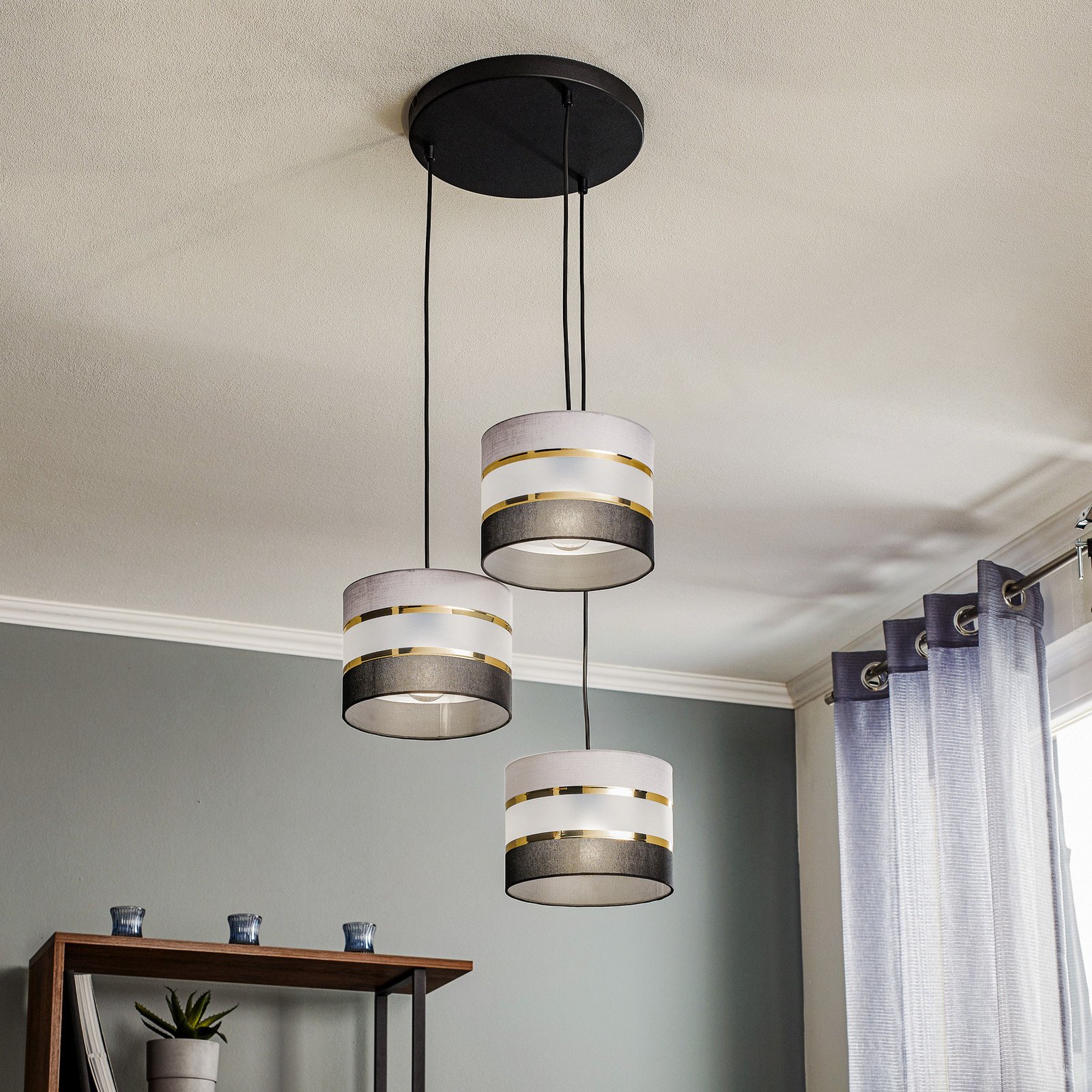 HELAM Lampă suspendată Helen rotundă gri-negru-auriu 3 becuri - Camera de zi / sufragerie - Modern - gri negru satinat auriu - Țesătură / Textil