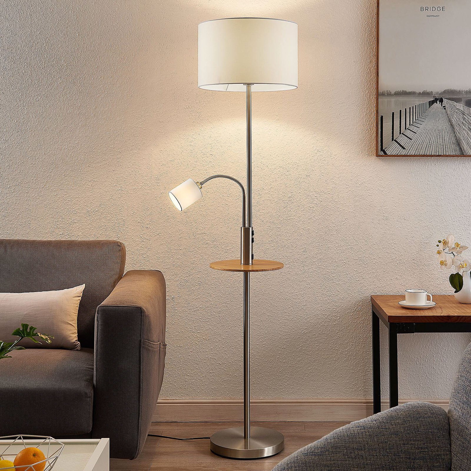 Lindby floor lamp Aovan, nickel-coloured, shelf, USB connection