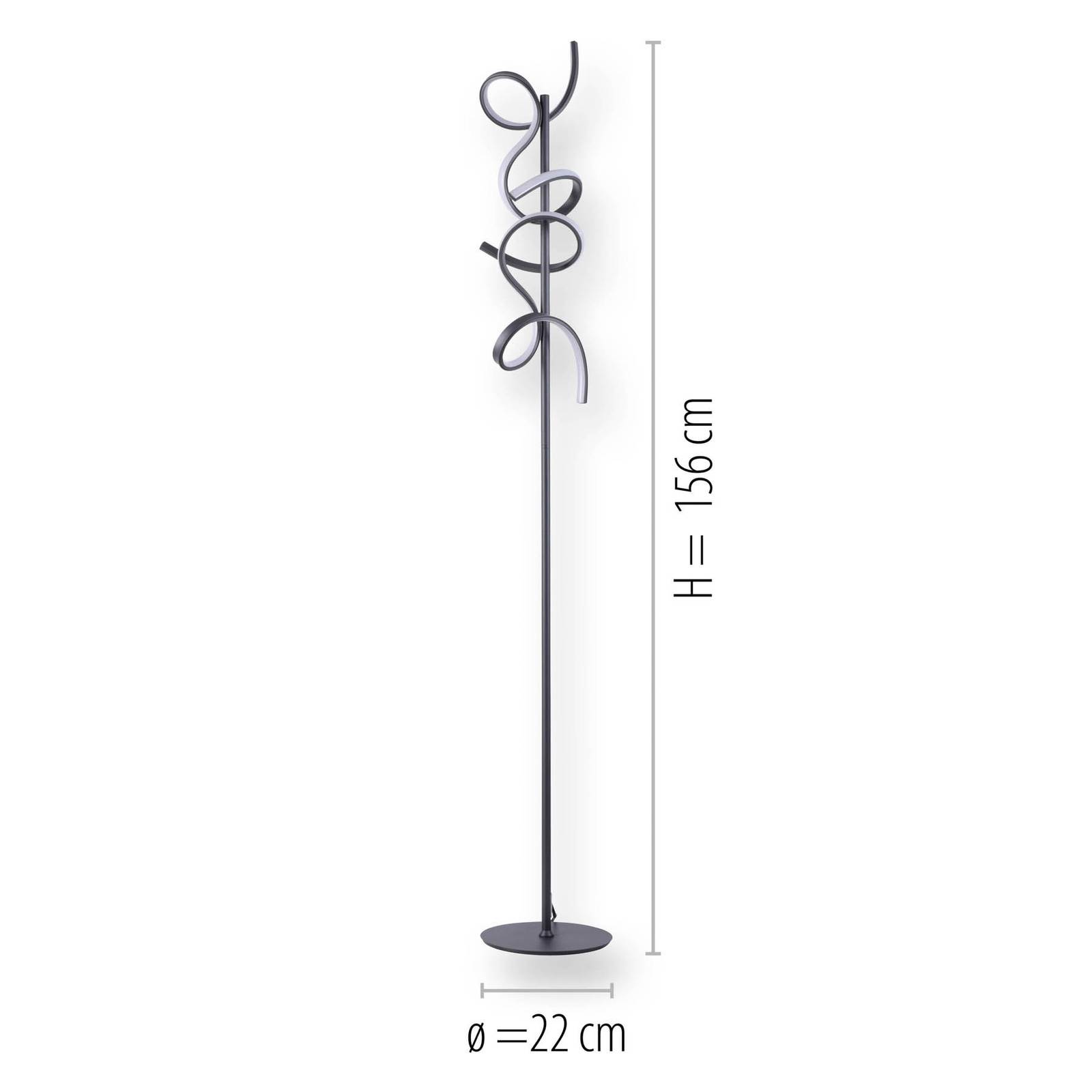 Lampa stojąca LED Curls, czarna, metalowa, 156 cm wysokości, ściemniana