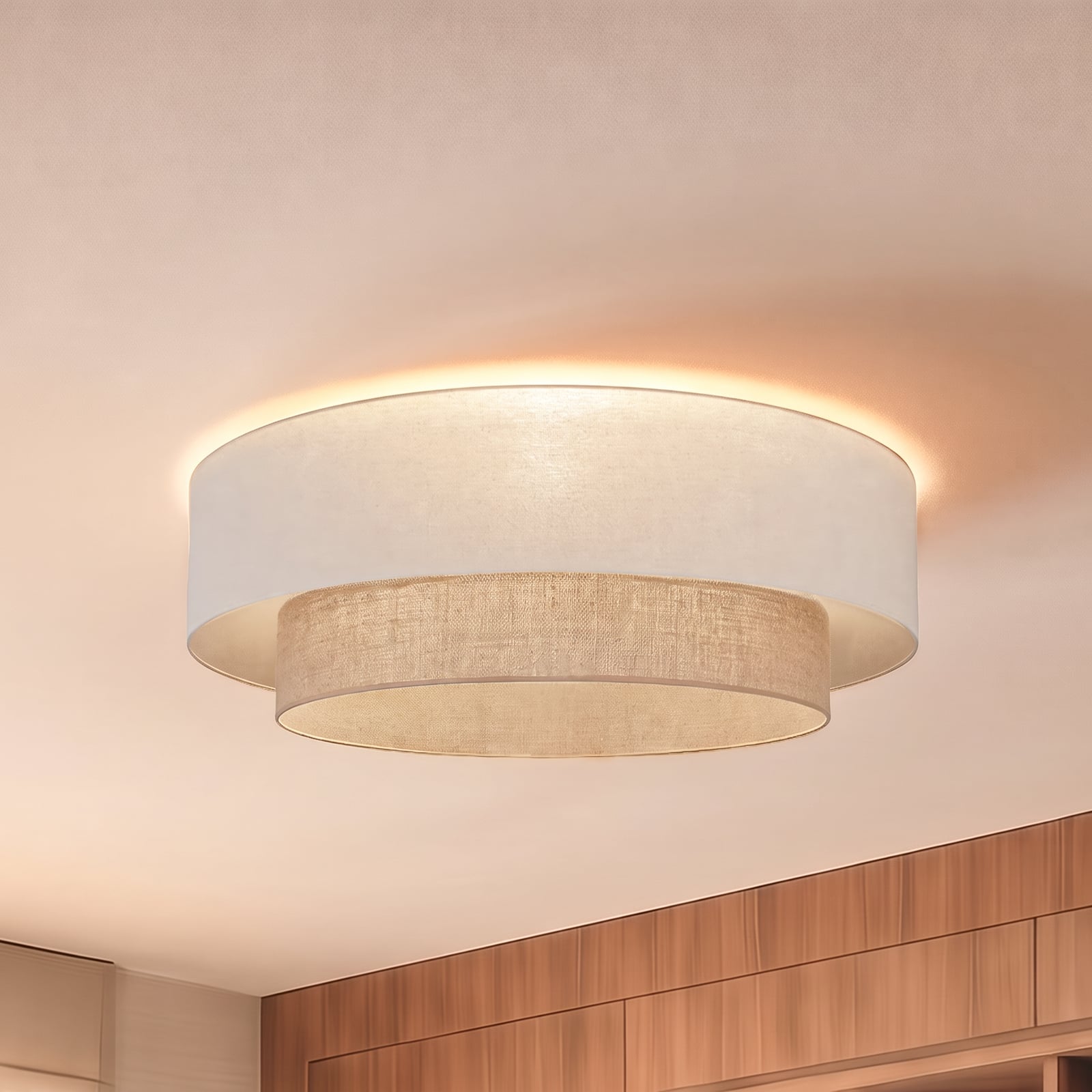Stropna svetilka Boho, bež/juta, Ø 80 cm, tekstil, E27