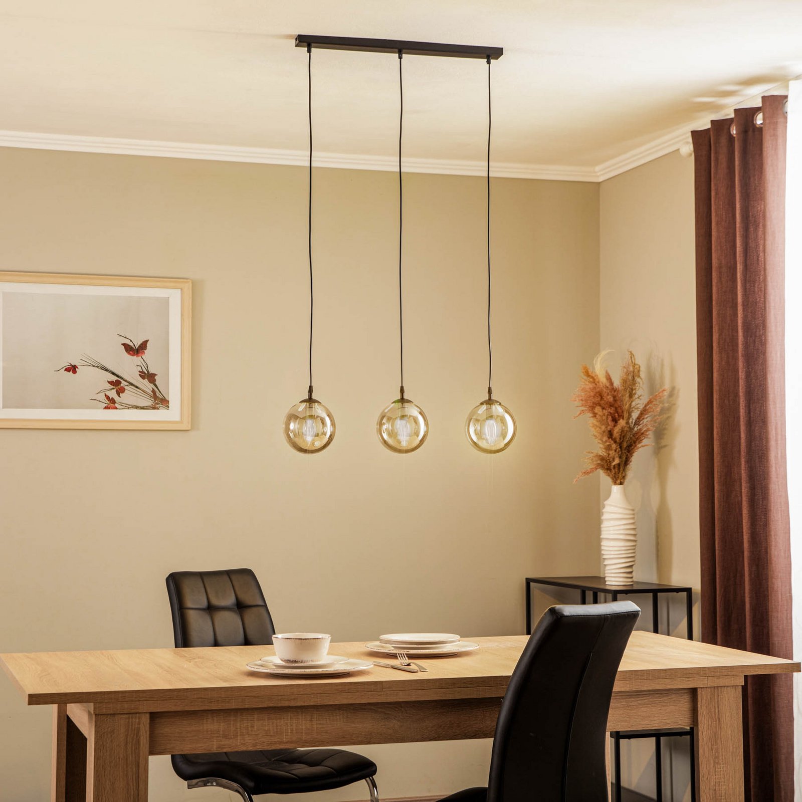 Glassy pendant light, 3-bulb, straight, black, graphite, glass