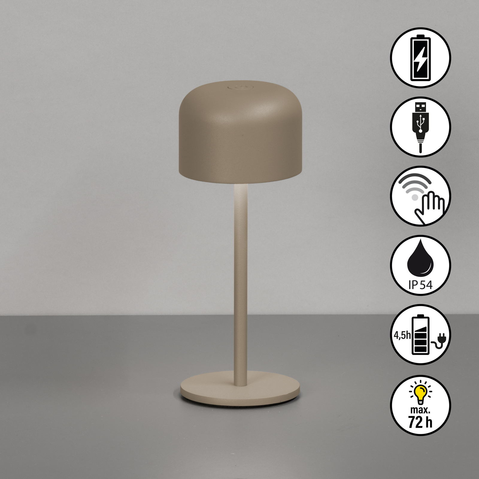 LED-Akku-Tischlampe Finley grau-braun Höhe 22 cm Metall IP54