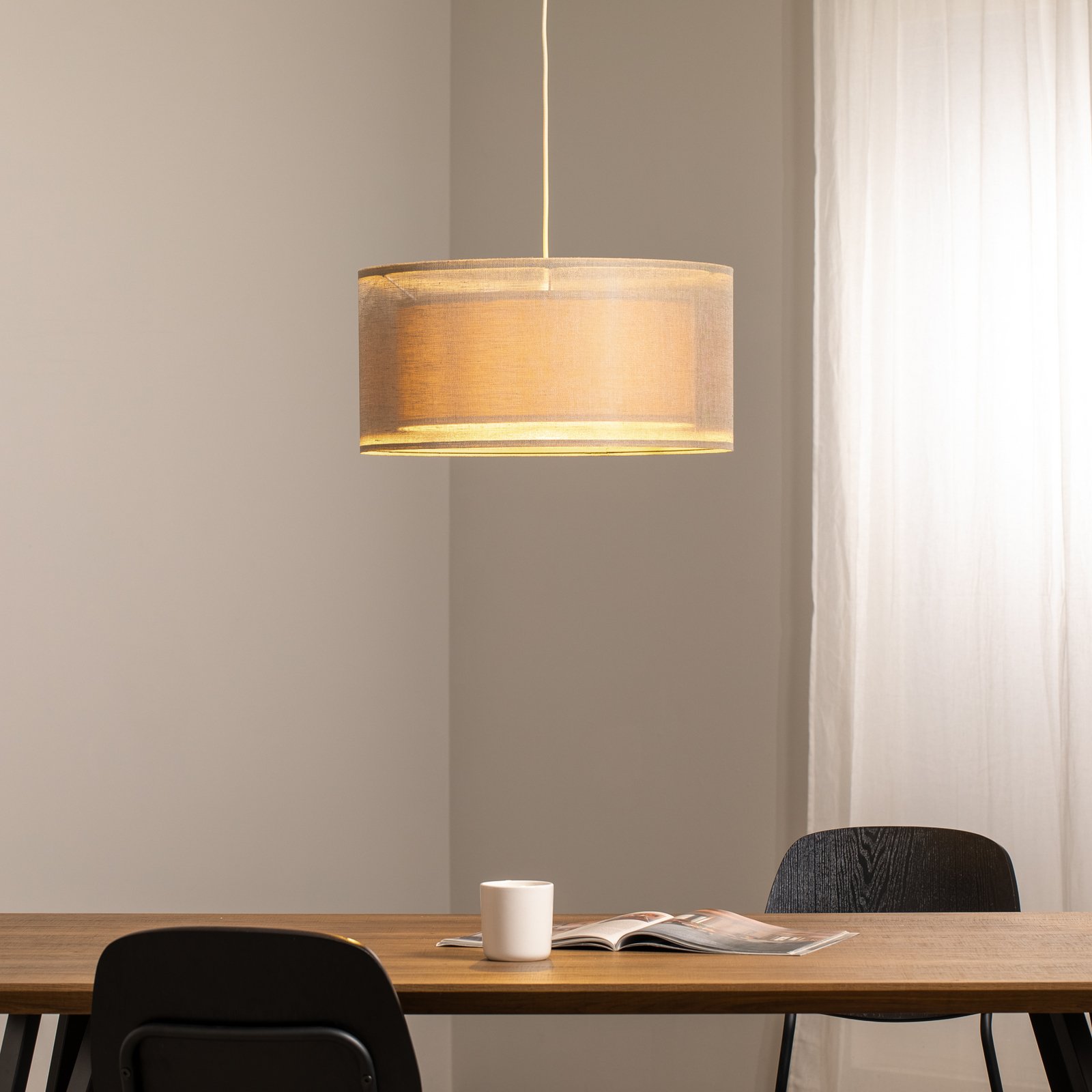 Lampada a sospensione Duo Den Light, beige, Ø 50 cm, lino, PVC