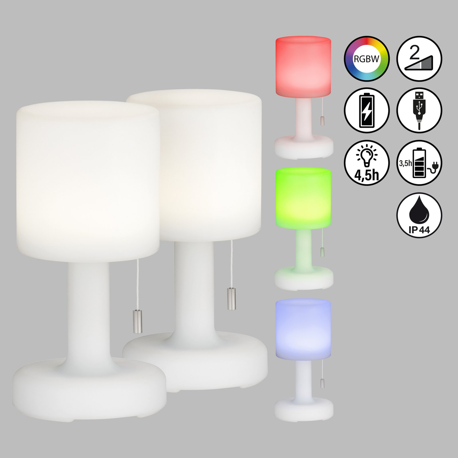 LED uzlādējama galda lampa Termoli balta cilindriska 2gab