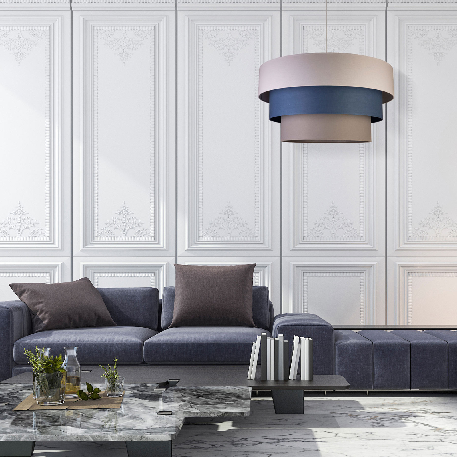 DUOLLA Luneta fabric hanging light, grey/navy blue, for Living / Dining Room, cotton fabric, E27, 40 W, energy efficiency: A++, H: 30 cm