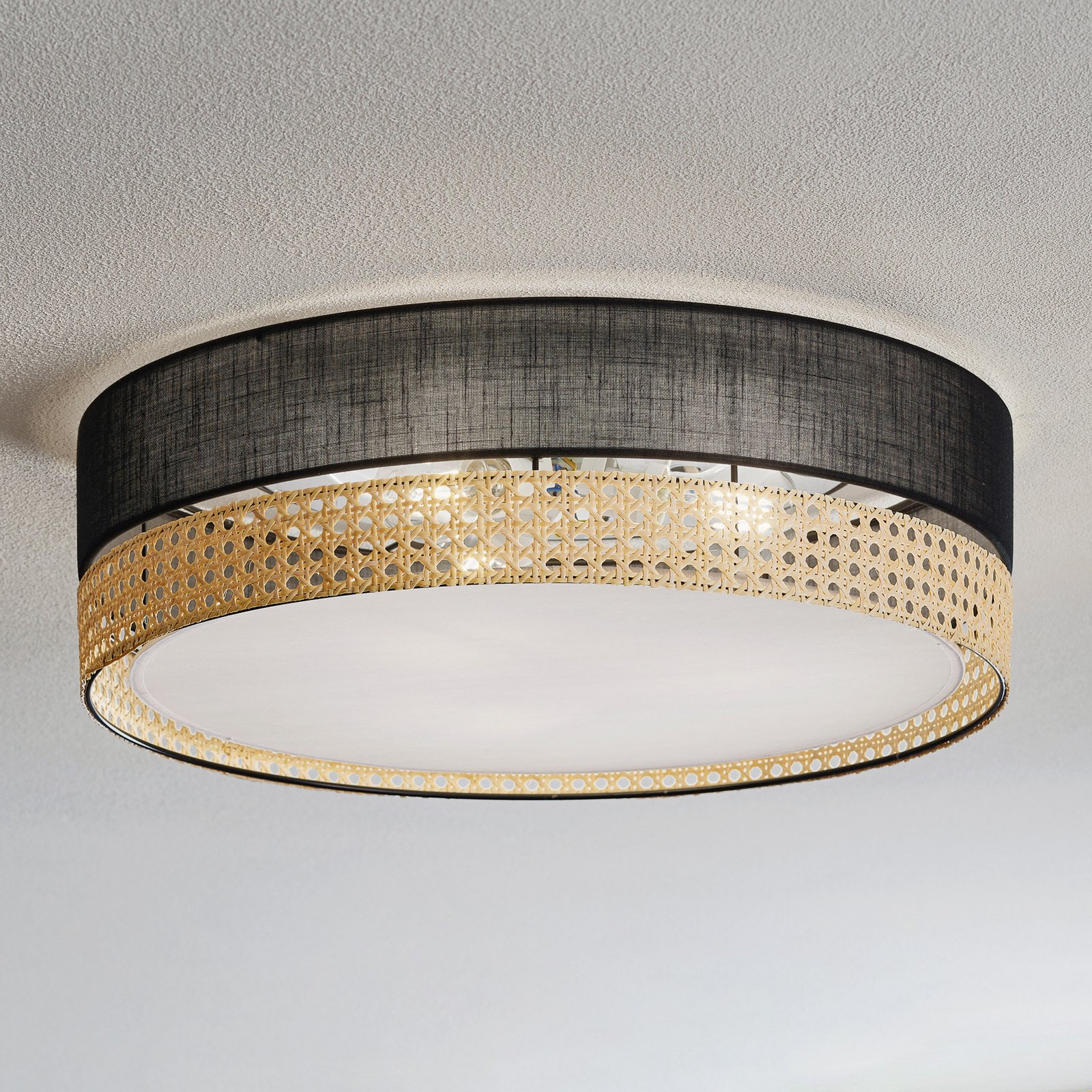 Plafondlamp Paglia zwart/rotan, Ø 45 cm