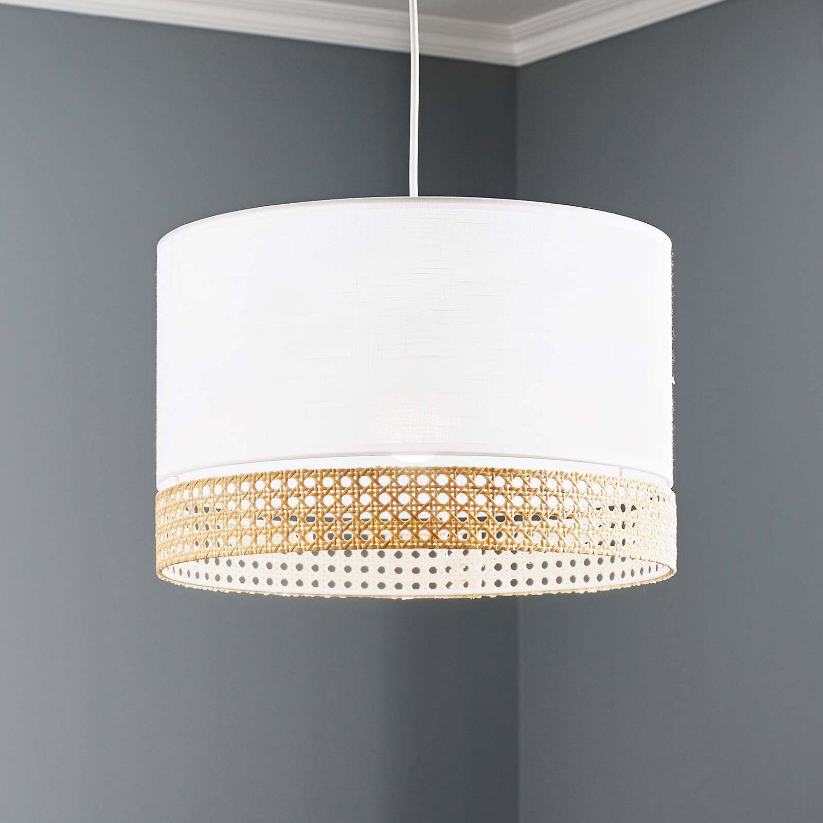 TK Lighting Suspension Paglia blanche/rotin à 1 lampe Ø 38 cm