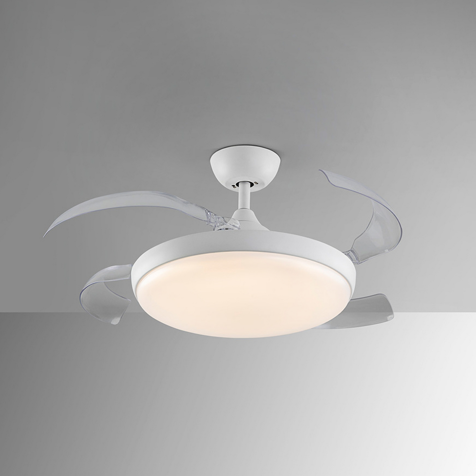 LED stropni ventilator Venturi bel/prozoren DC, Ø 106 cm tih