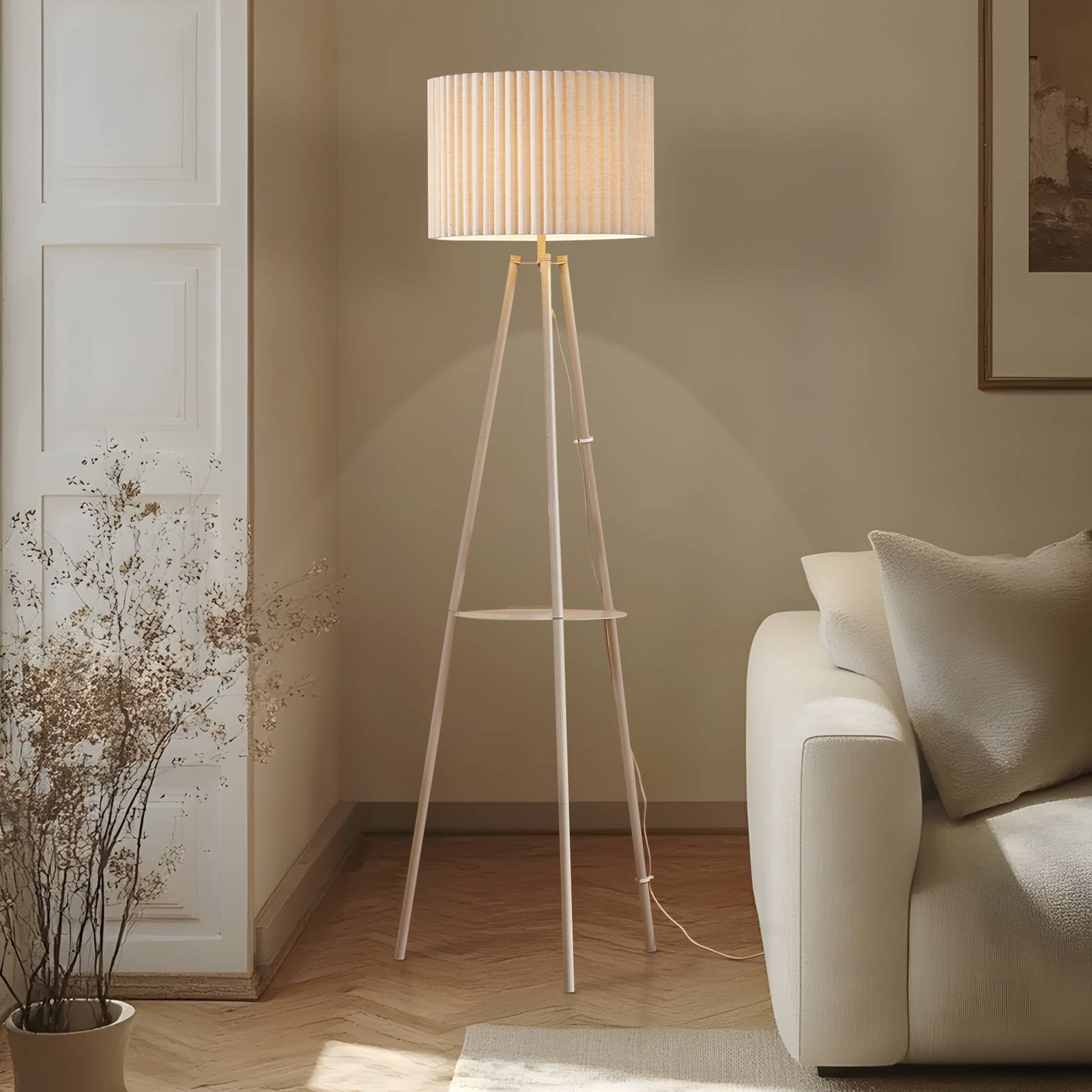 Lindby Lampa podłogowa na trzech nóżkach Libbie, 155 cm, len, kolor kremowy