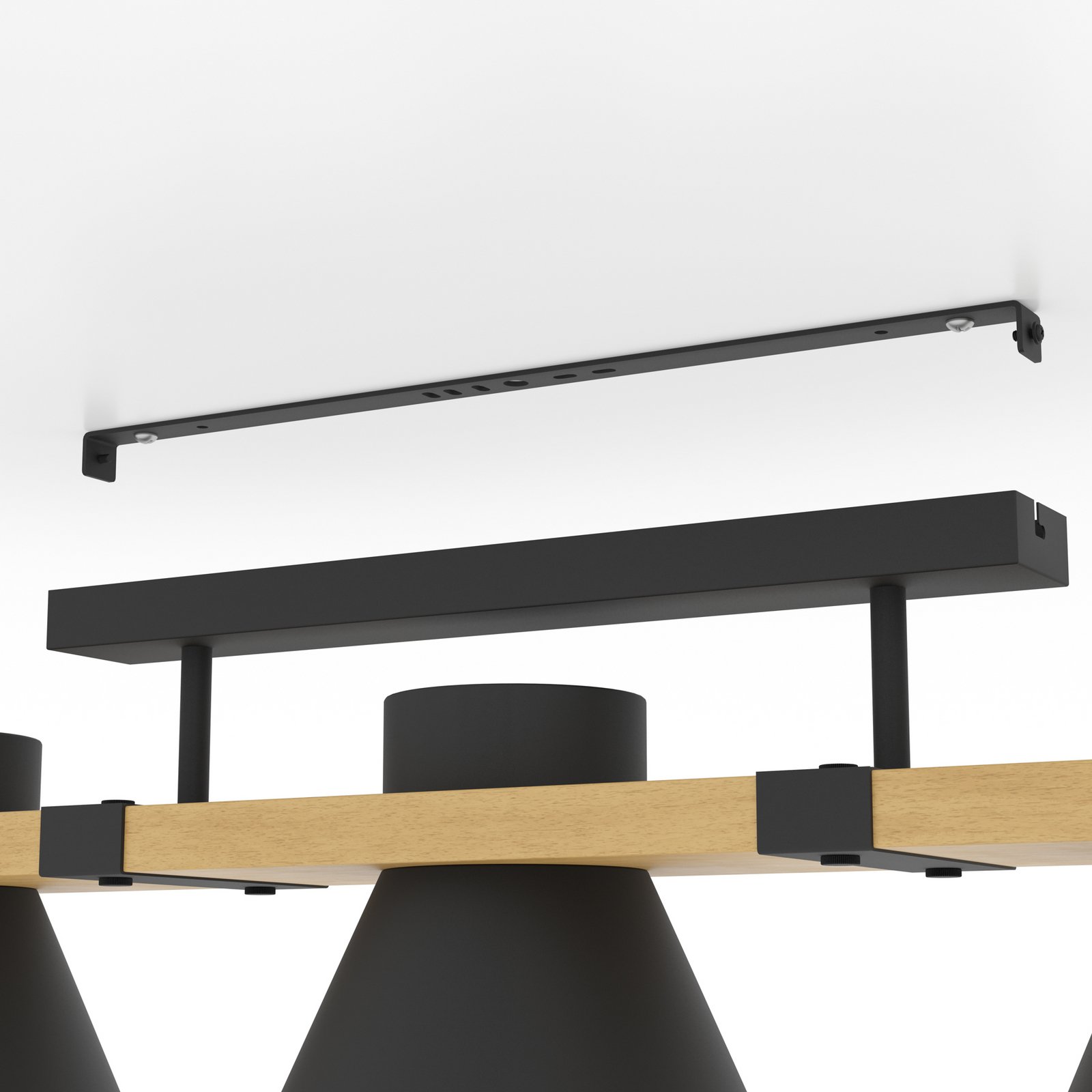 Plafondlamp Maccles in zwart met hout, 3-lamps