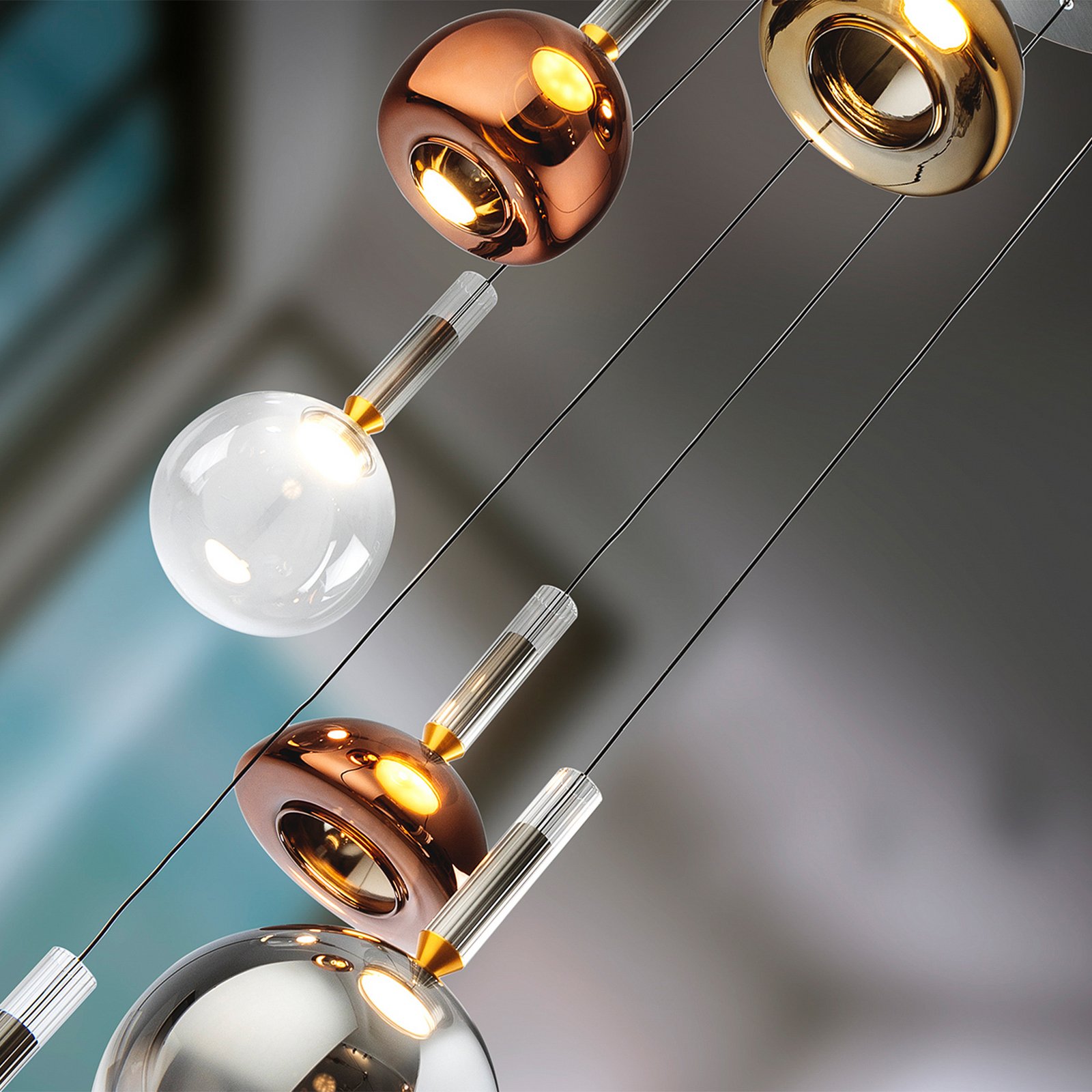 Charlize 6-bulb LED pendant light, Triac dimmable, four-coloured glass