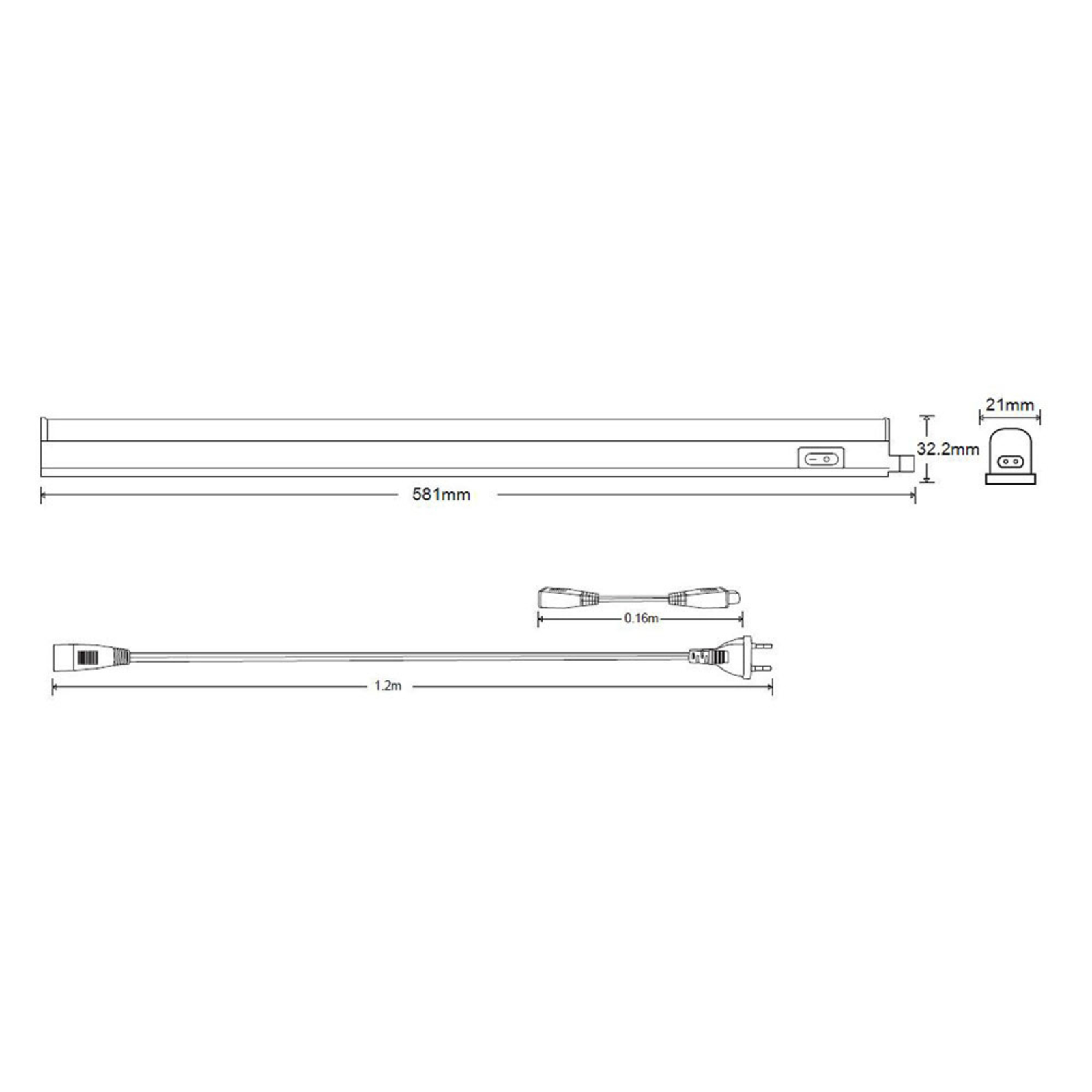 Globo Cake LED under-cabinet light with switch 58cm long, for Kitchen, plastic, 8 W, energy efficiency: A+, L: 58.1 cm, W: 2.1 cm, H: 3.2 cm