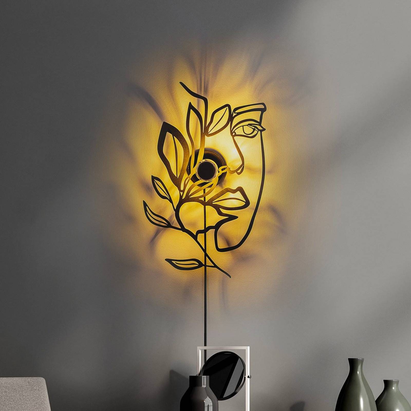 Opviq Vägglampa Flower Faced svart metall 54 x 34 cm stickpropp