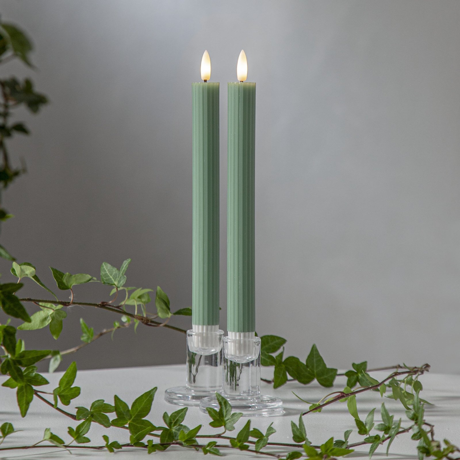 LED candle Flamme strip, green, 25 cm, wax battery set of 2