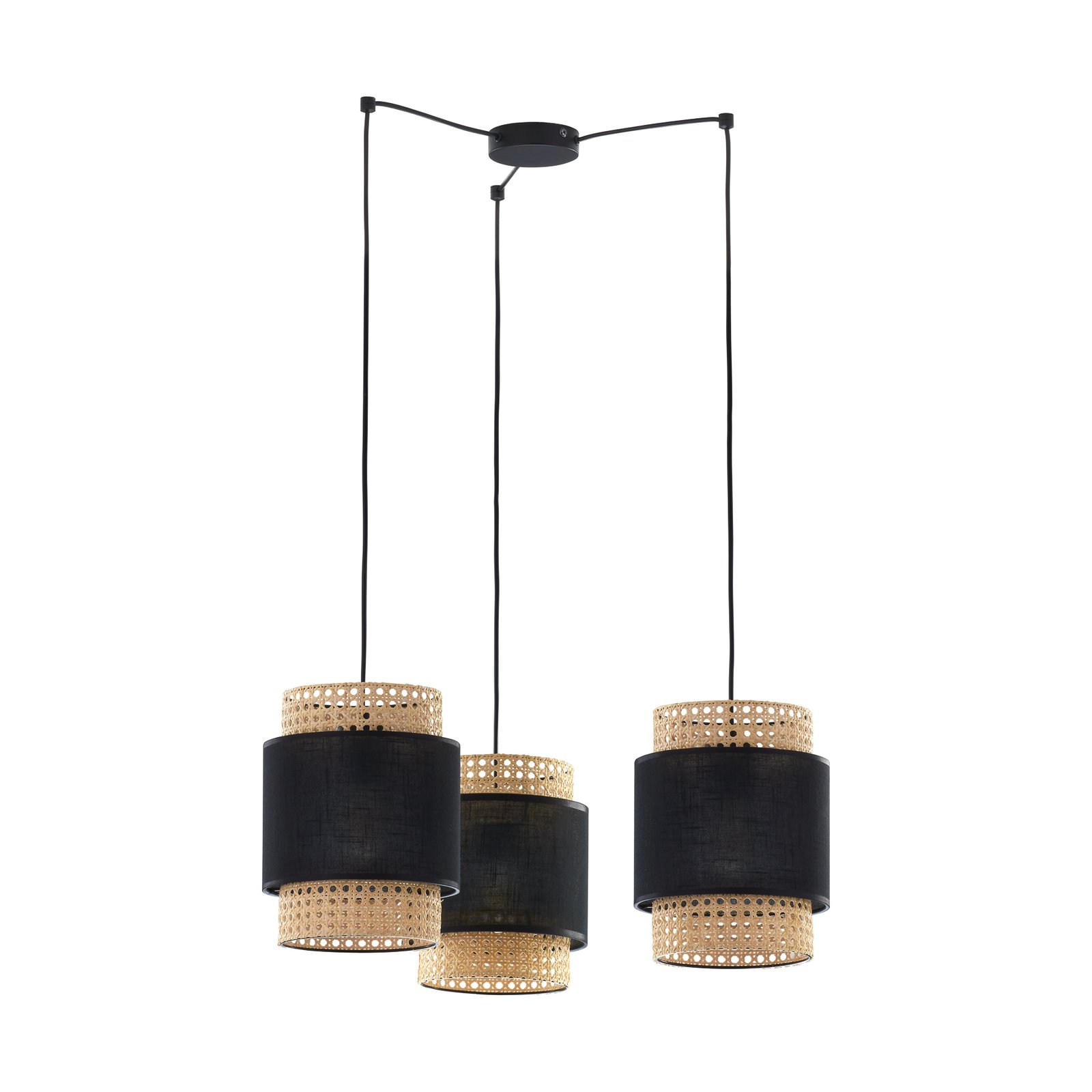 Boho hanging light, round, three-bulb black/rattan