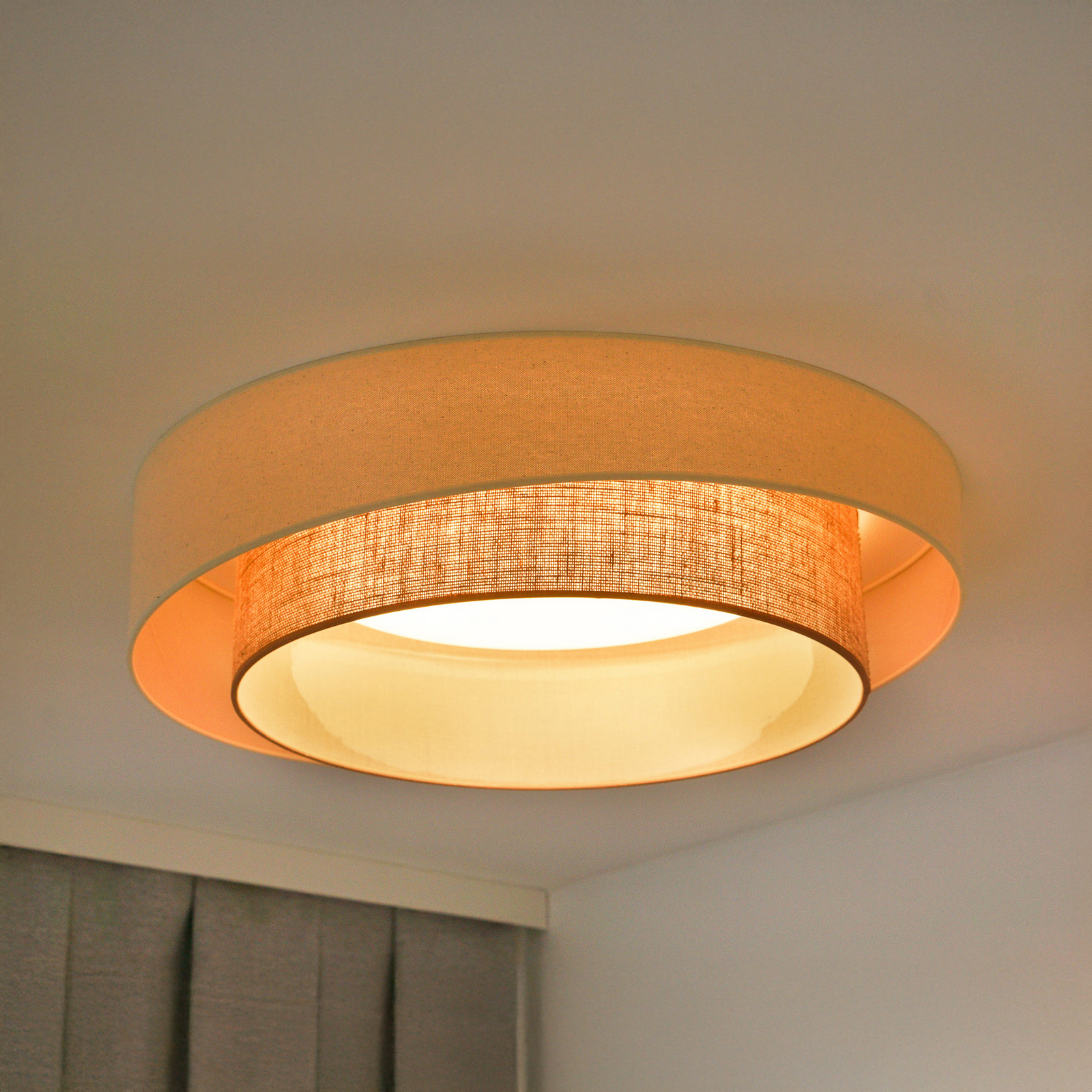 LED griestu gaisma Luneta S, džuta, smilškrāsas/brūnā krāsā, Ø 60 cm, 3 pakāpju