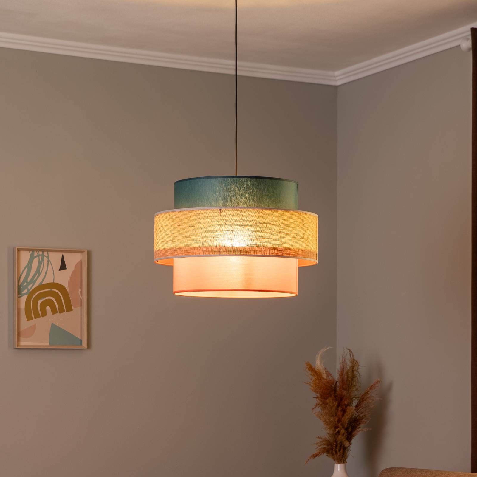 Lampa żyrandol Trio klosz z juty petrol/naturalny brąz/pomarańcz Ø 50cm