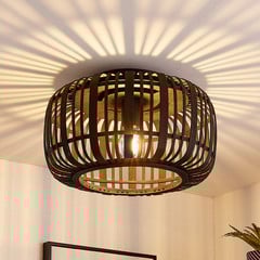 Plafón Lindby Canyana, negro, ratán, Ø 40 cm