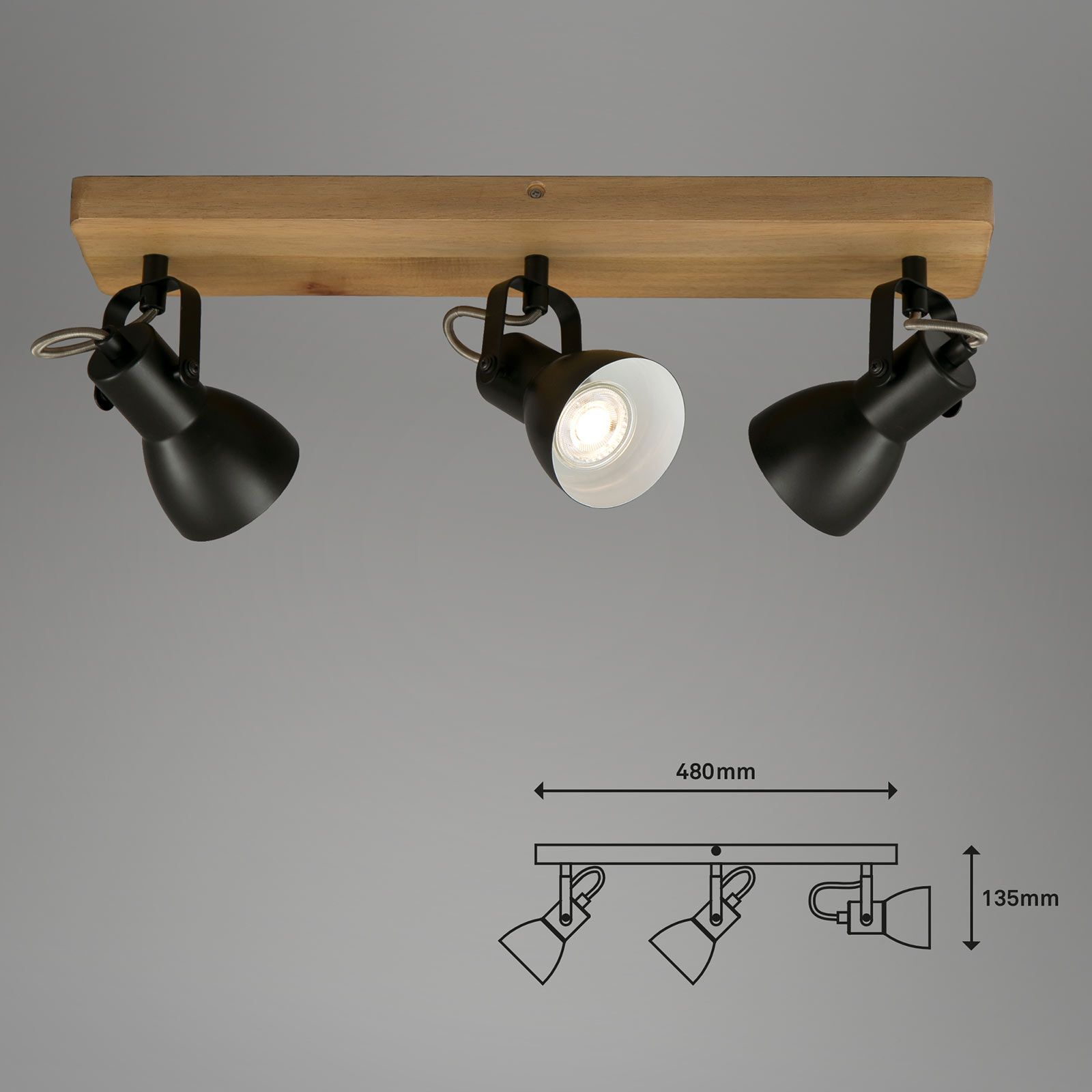 Reflektor sufitowy Arbo z drewnianym elementem, 3-punktowy