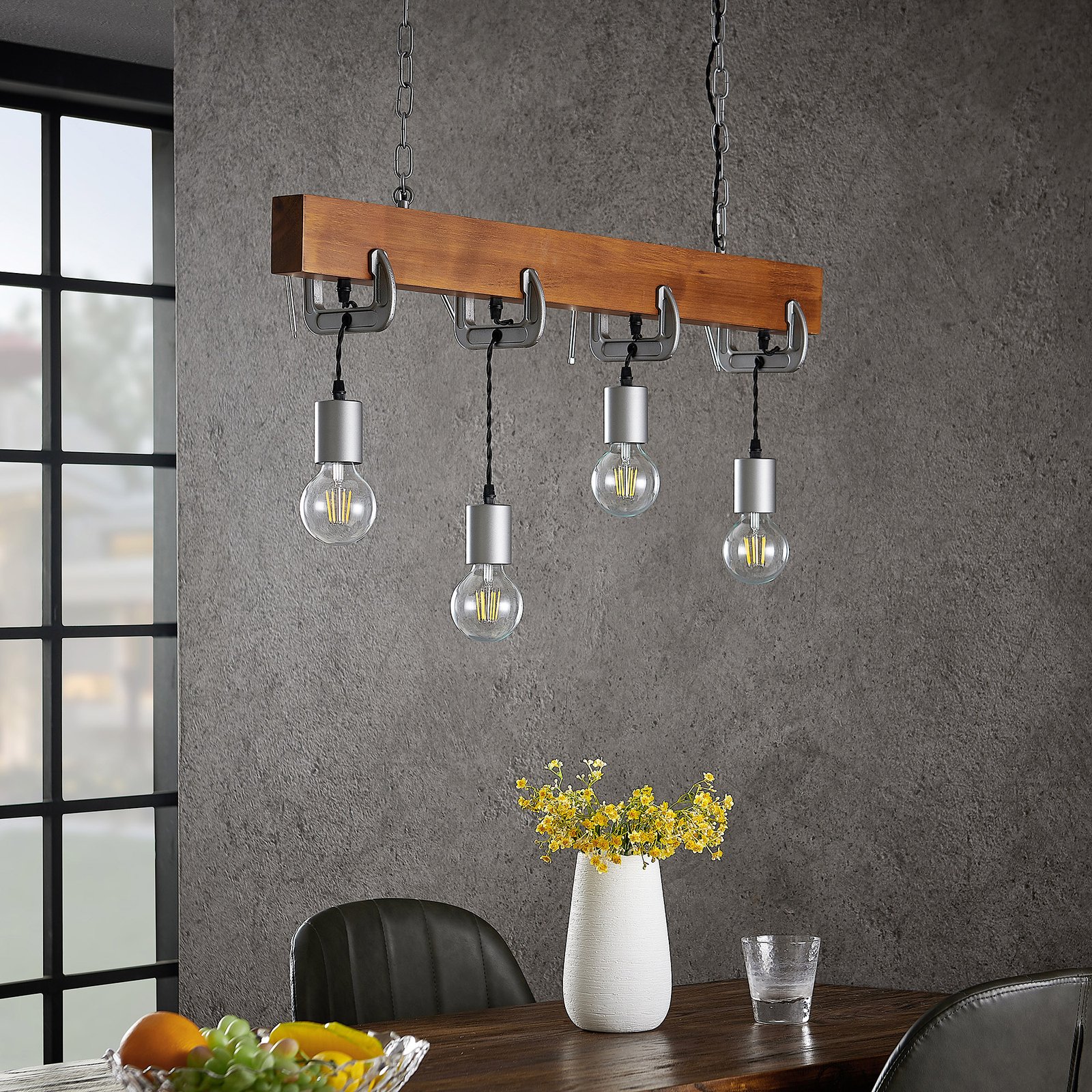 Lindby Asya hanging light, 4-bulb, wood, chrome