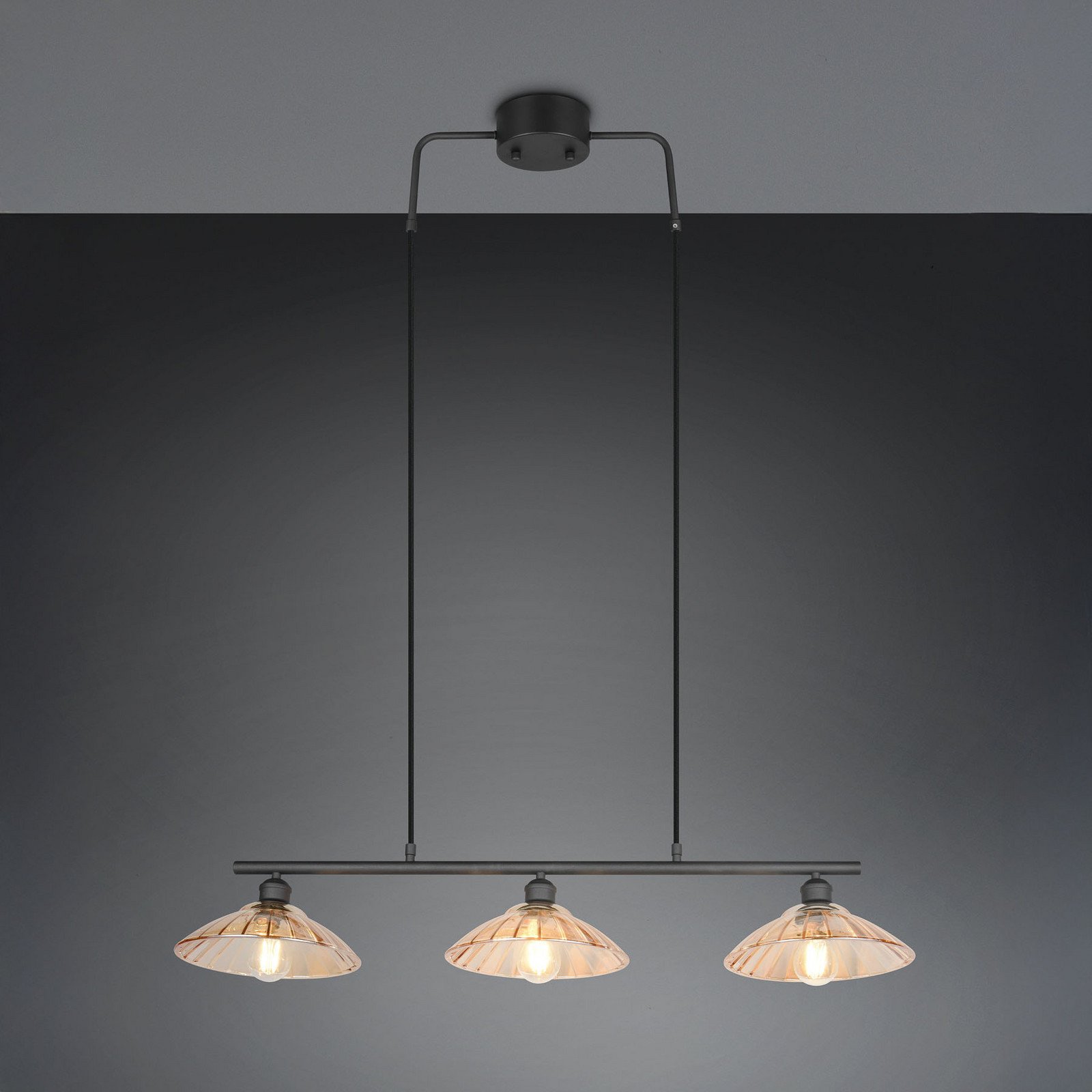 Reality Leuchten Lampă suspendată Eluna chihlimbar/negru 100 cm sticlă/metal 3 becuri. - Camera de zi / sufragerie - chihlimbar negru