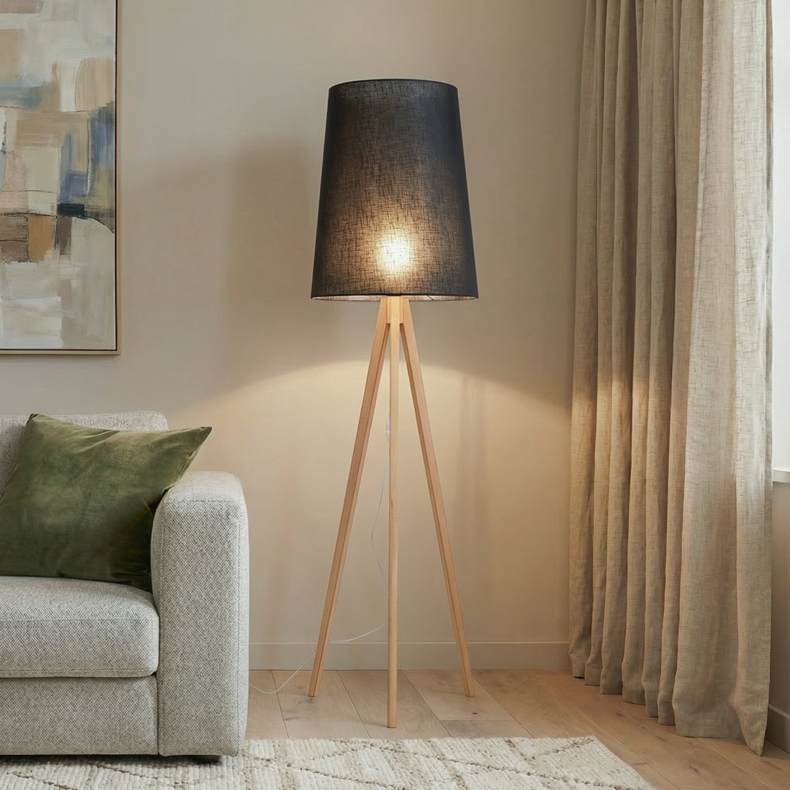 Walz podna lampa, crna, drvo, visina 175 cm, E27