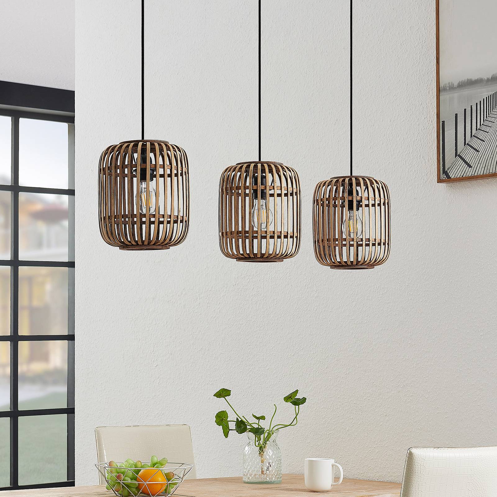 Lampa wisząca Lindby Canyana, naturalna, 3-punktowa, rattan, 105 cm