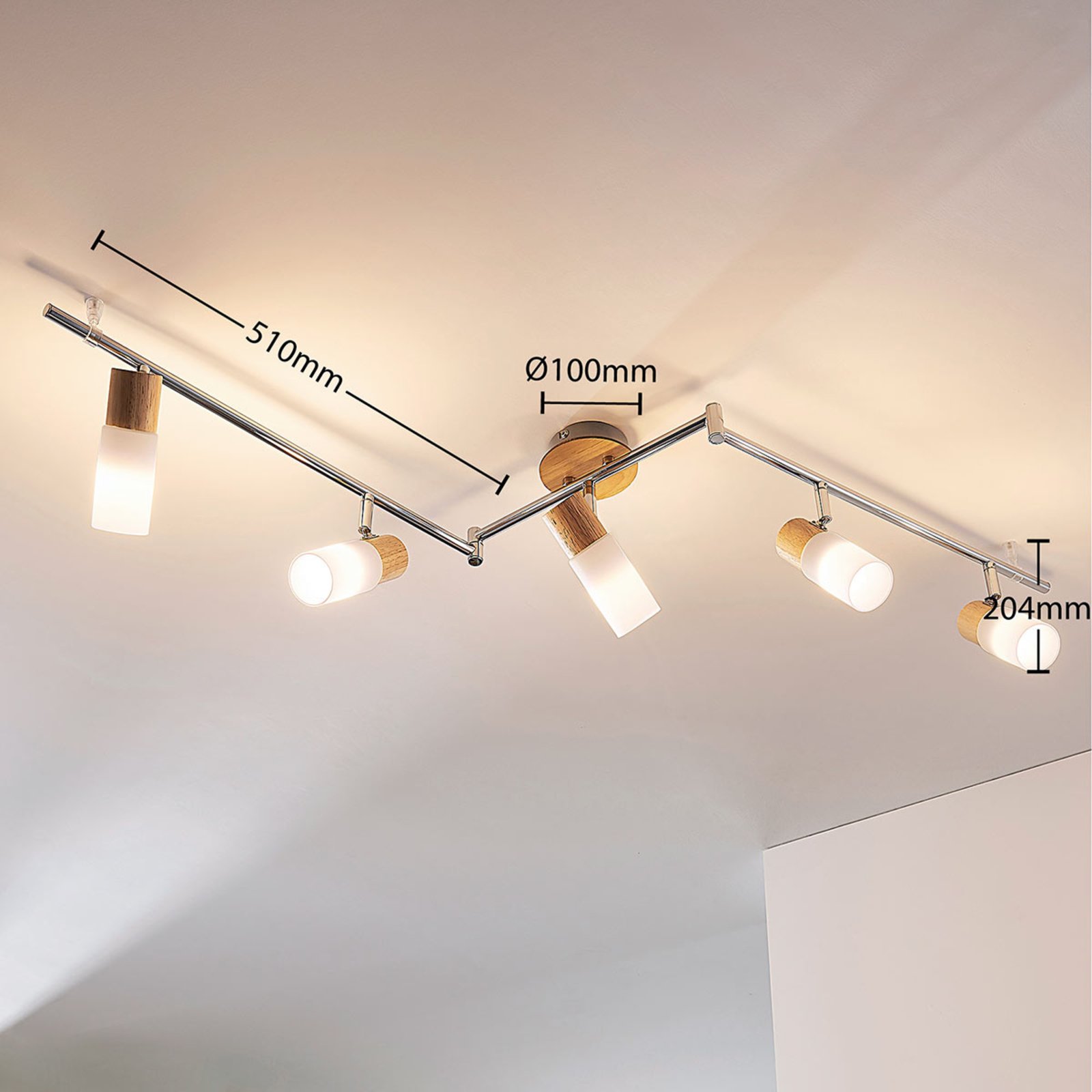 Lindby Deckenstrahler Christoph, 130 cm, 4-flg., Holz, Glas