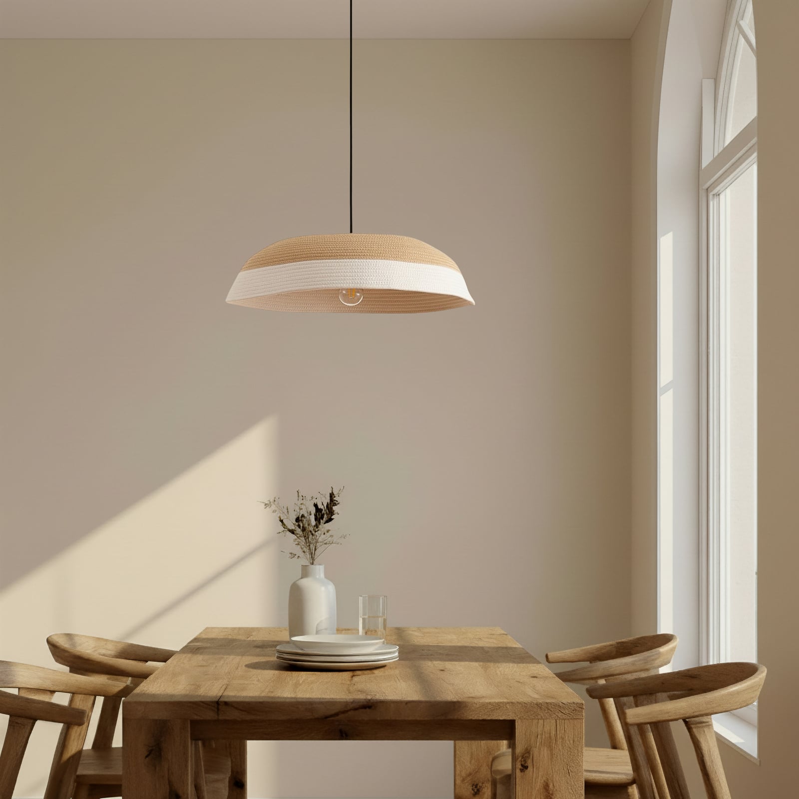 Żyrandol Lindby Caliva, Ø 60 cm, beżowo-biała, sznur konopny