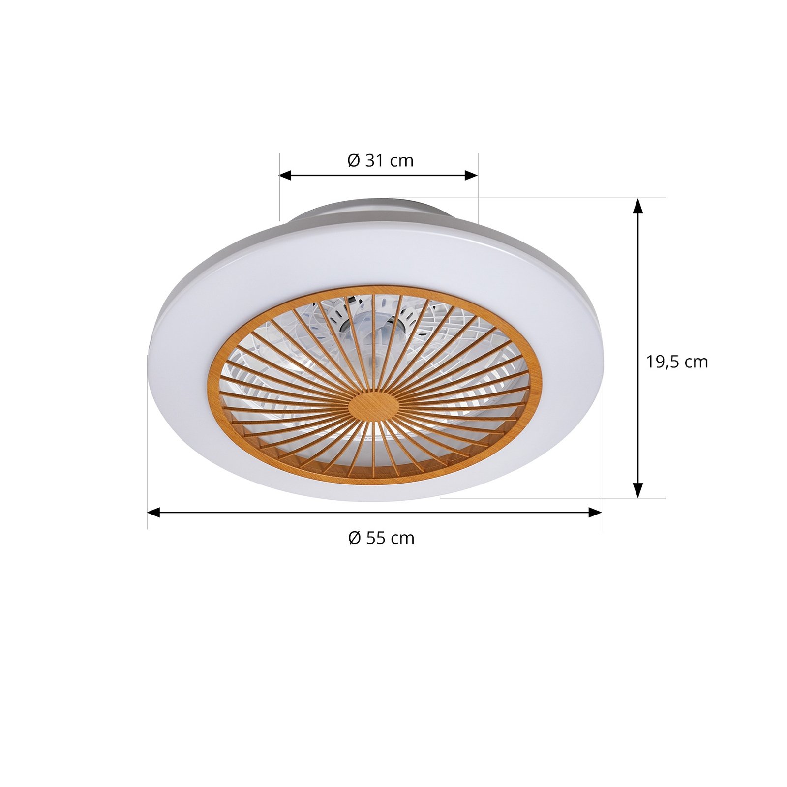 Lindby LED griestu ventilators Mamuti, koka krāsā, kluss, 55 cm