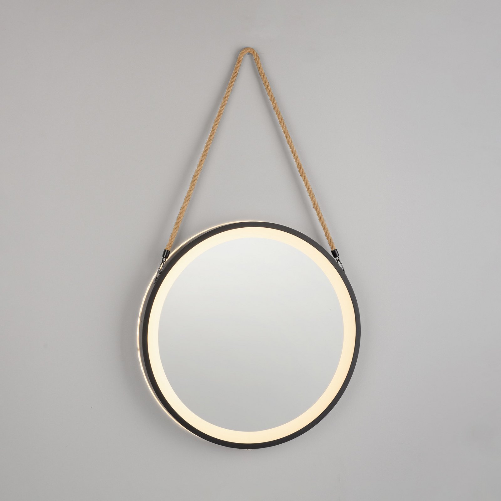 LED nástenné zrkadlo VIDRO, čierne, Ø 40 cm, powerbanka, závesné