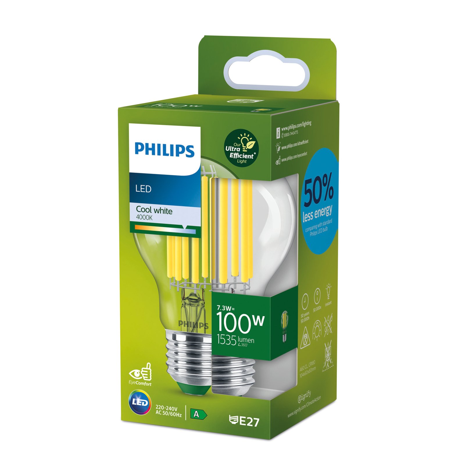 Philips E27 LED žiarovka 7,3W 1535lm 4000K číra