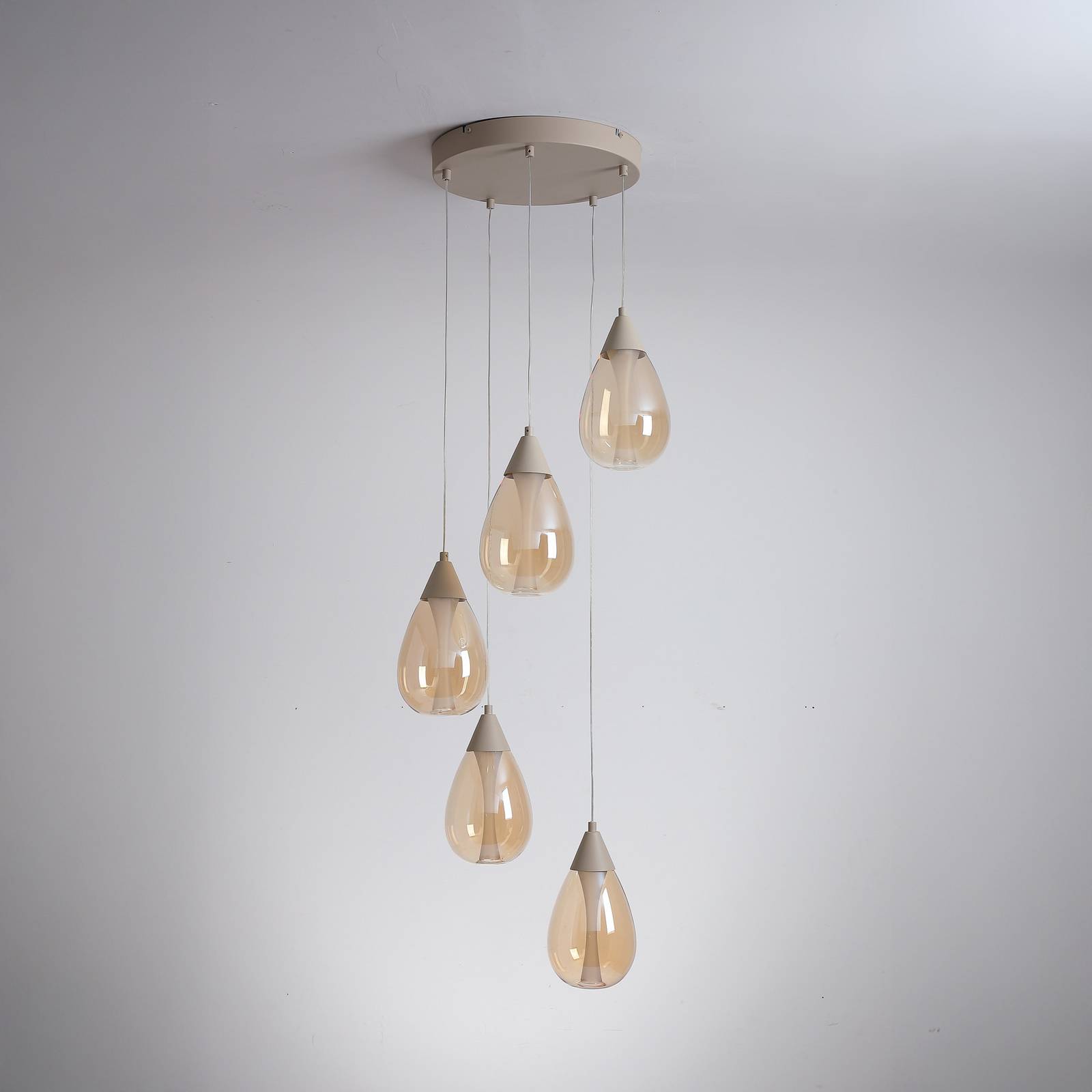 Żyrandol LED „Pear”, 5-punktowy, okrągły, beżowy, szkło bursztynowe, 3 000 K