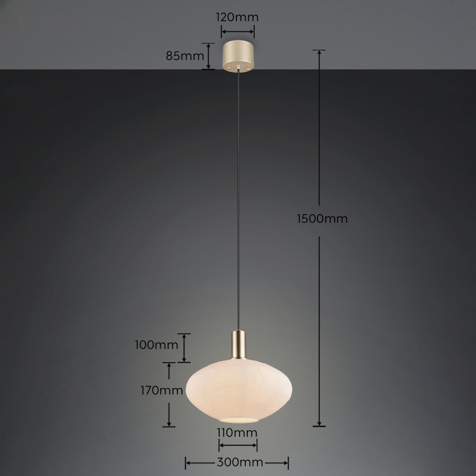 Hanglamp Emelie, 1-lamp, goudkleurig/wit, metaal, glas, E27