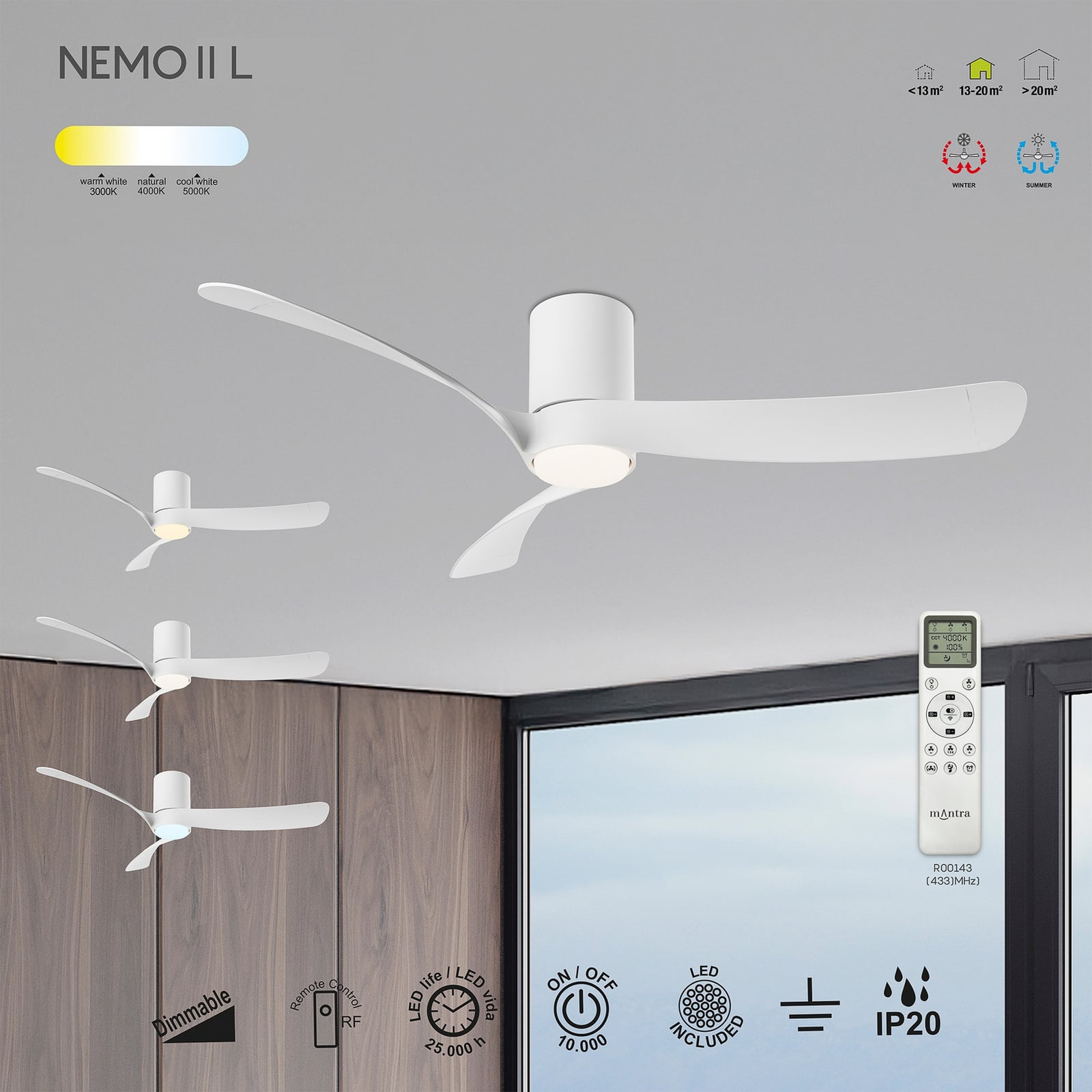 Ventilador de techo LED Nemo II L, blanco, CC, silencioso, CCT, 132 cm Ventilador de techo LED Nemo II L, blanco, CC, silencioso, CCT, 132 cm