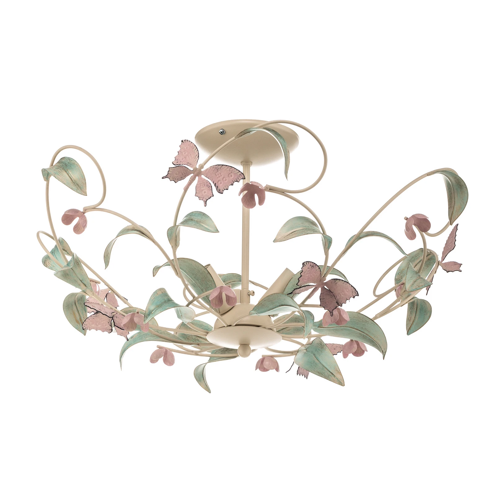 BUTTERFLY ceiling lamp, cream/green/pink, stainless steel, 3-bulb